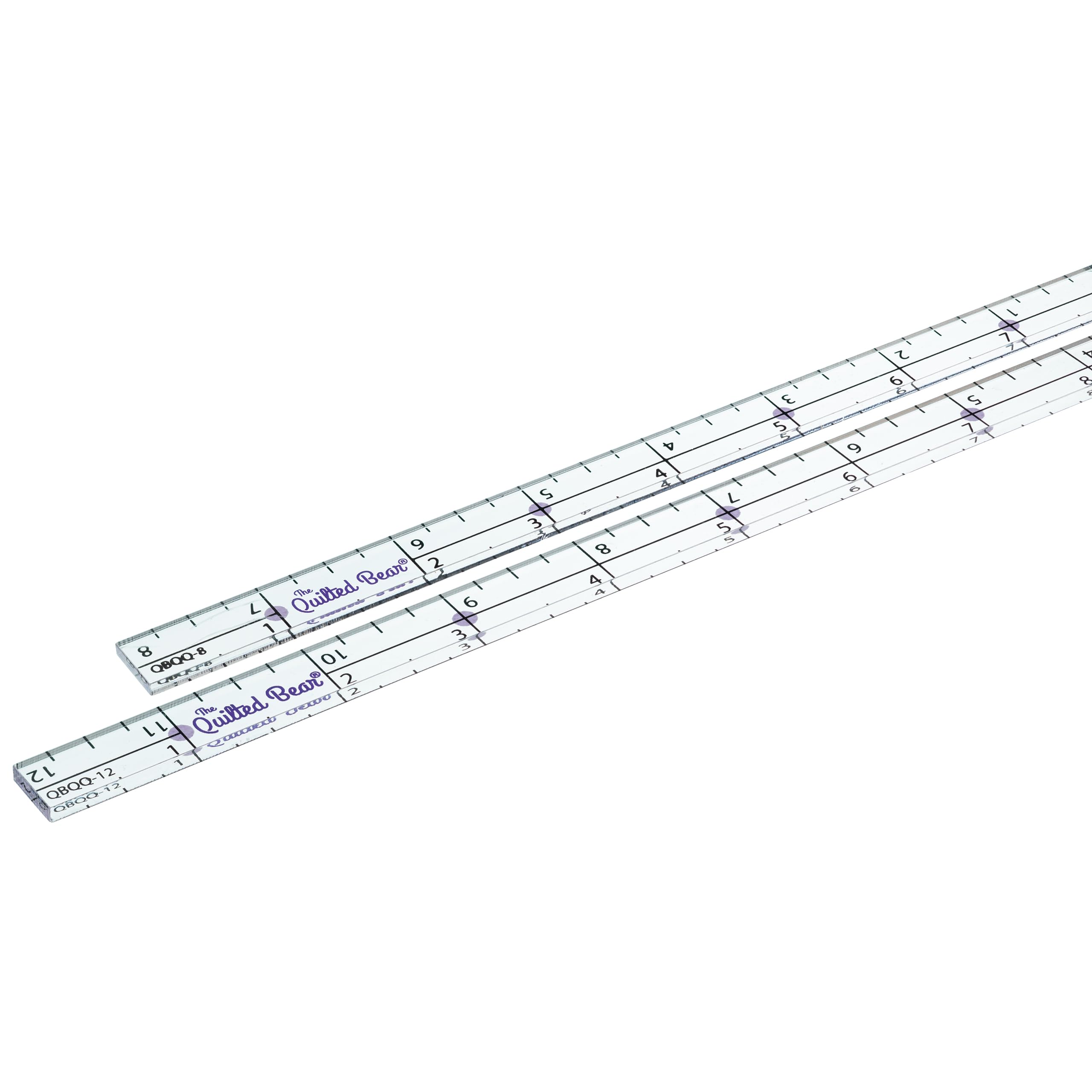 The Quilted Bear Quilter's Quarter Multipack - Transparent Acrylic Non Slip Quarter Inch Quilting, Patchwork & Sewing Rulers with ¼", ½", and 1" Markings (8 inch & 12 inch)