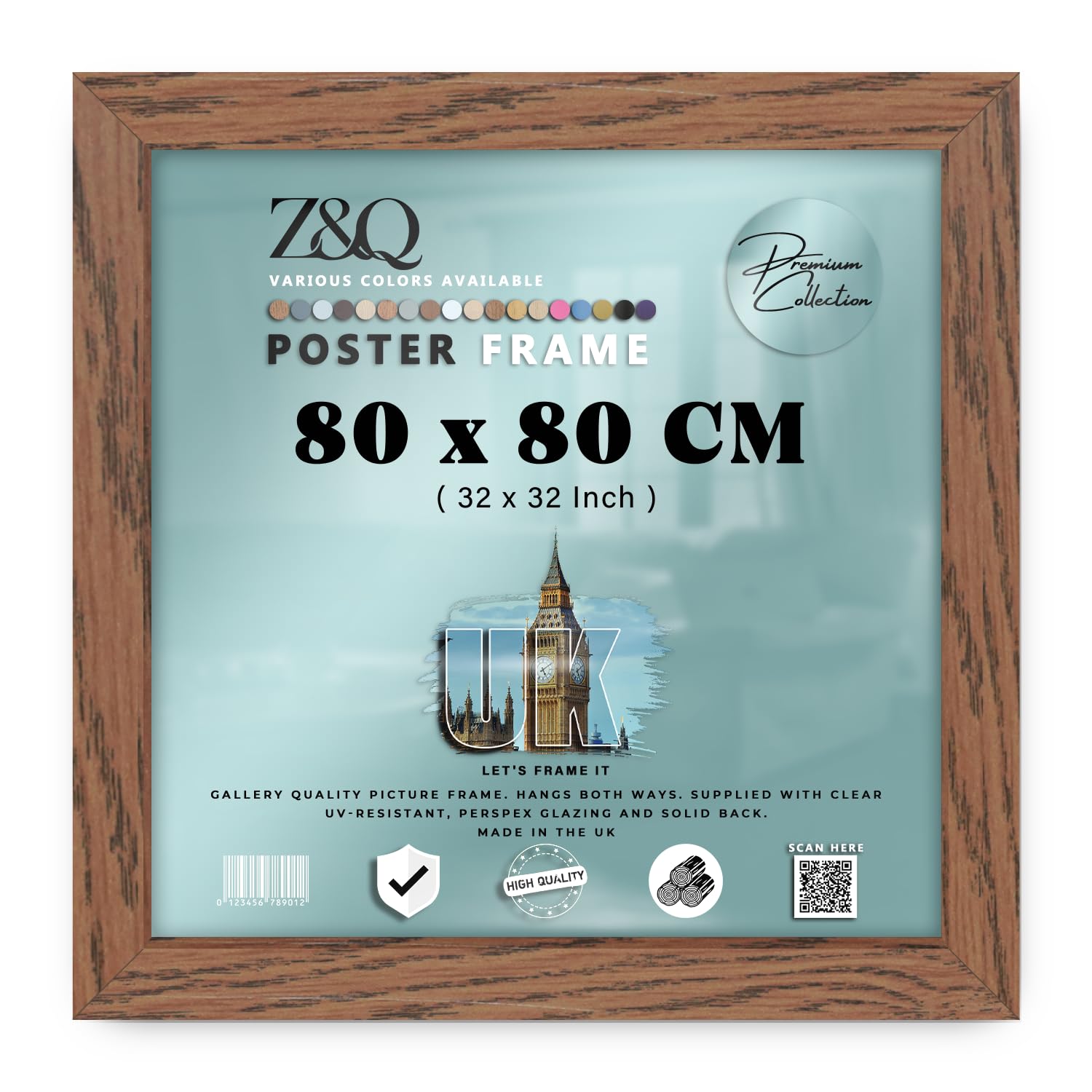 Z&Q - Flat Modern MDF Wood (80 x 80 CM) Picture Frame | Perfect for Wall Gallery 32 x 32 Inch for Art, Posters & Room Decor [ Dark Oak ]