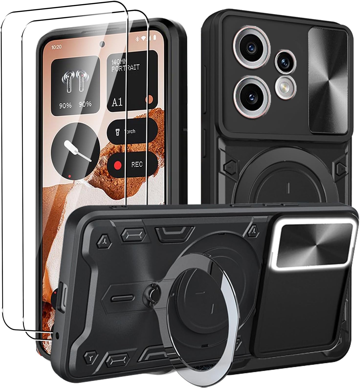 Nothing CMF Phone 2 Pro Case + 2 Pieces Tempered Glass, with 360° Rotating Stand + Sliding Lens Cover, Hard PC and TPU Silicone Bumper Case, Black