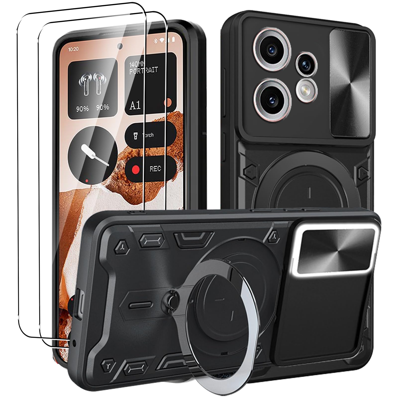 Nothing CMF Phone 2 Pro Case + 2 Pieces Tempered Glass, with 360° Rotating Stand + Sliding Lens Cover, Hard PC and TPU Silicone Bumper Case, Black