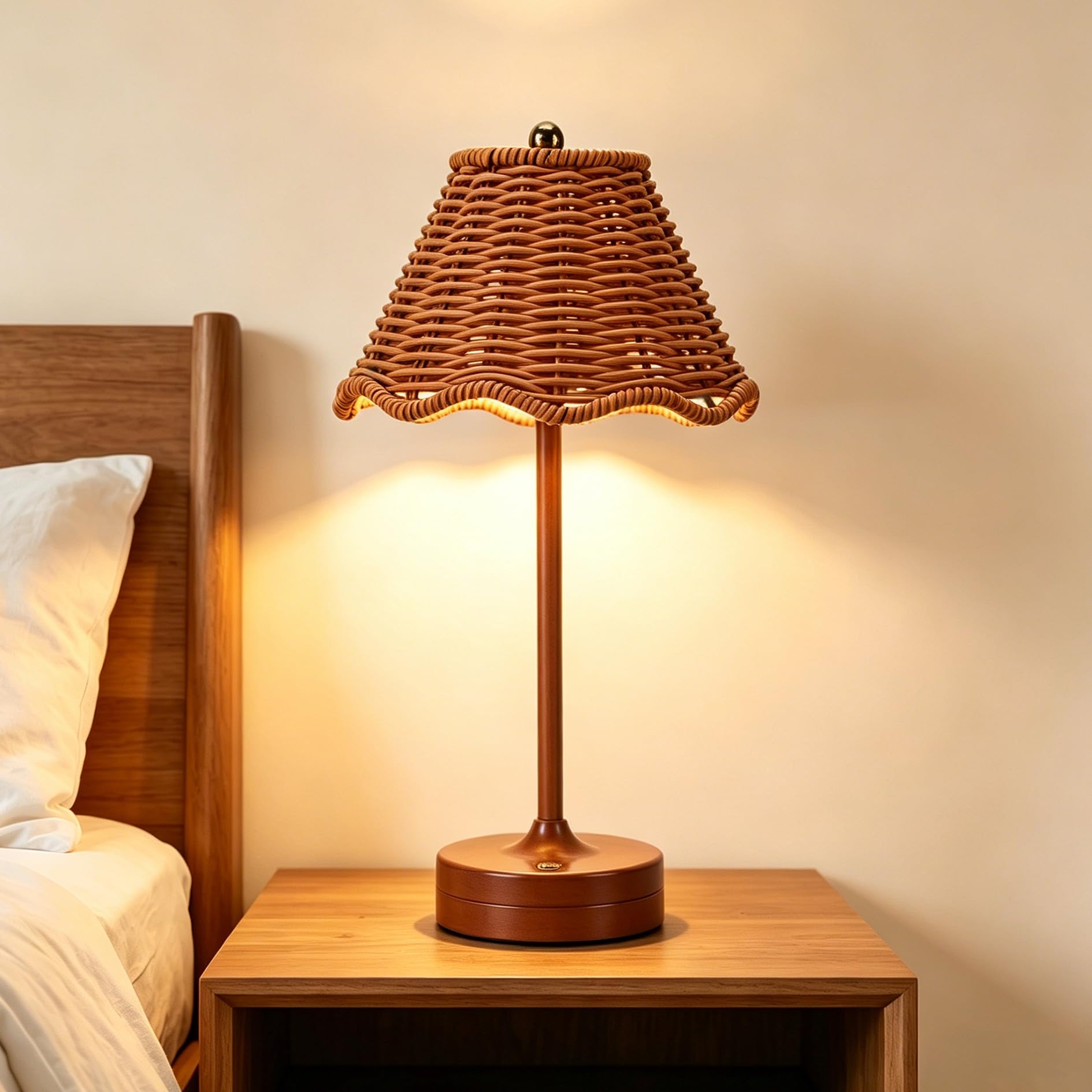 Rattan Table Lamp, 32CM Rattan Rechargeable Cordless Table Lamp, LED Wicker Bedside Tables Lamps for Living Room Bedroom, 3 Colours Dimmable Touch Control Wicker Bedside Lamps Reading Night Lights