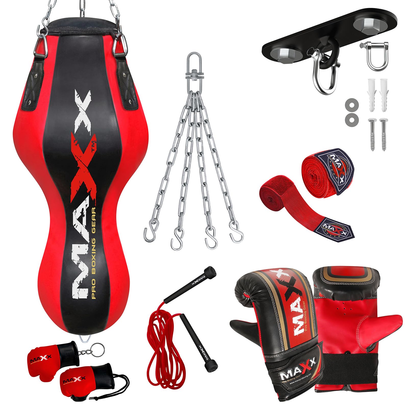 Maxx Black/Red Heavy Duty Punch Bags - Uppercut, Triple, Angle, Wrecking & More (Angle Bag, BAG +10PCS SET WTH HOOK)