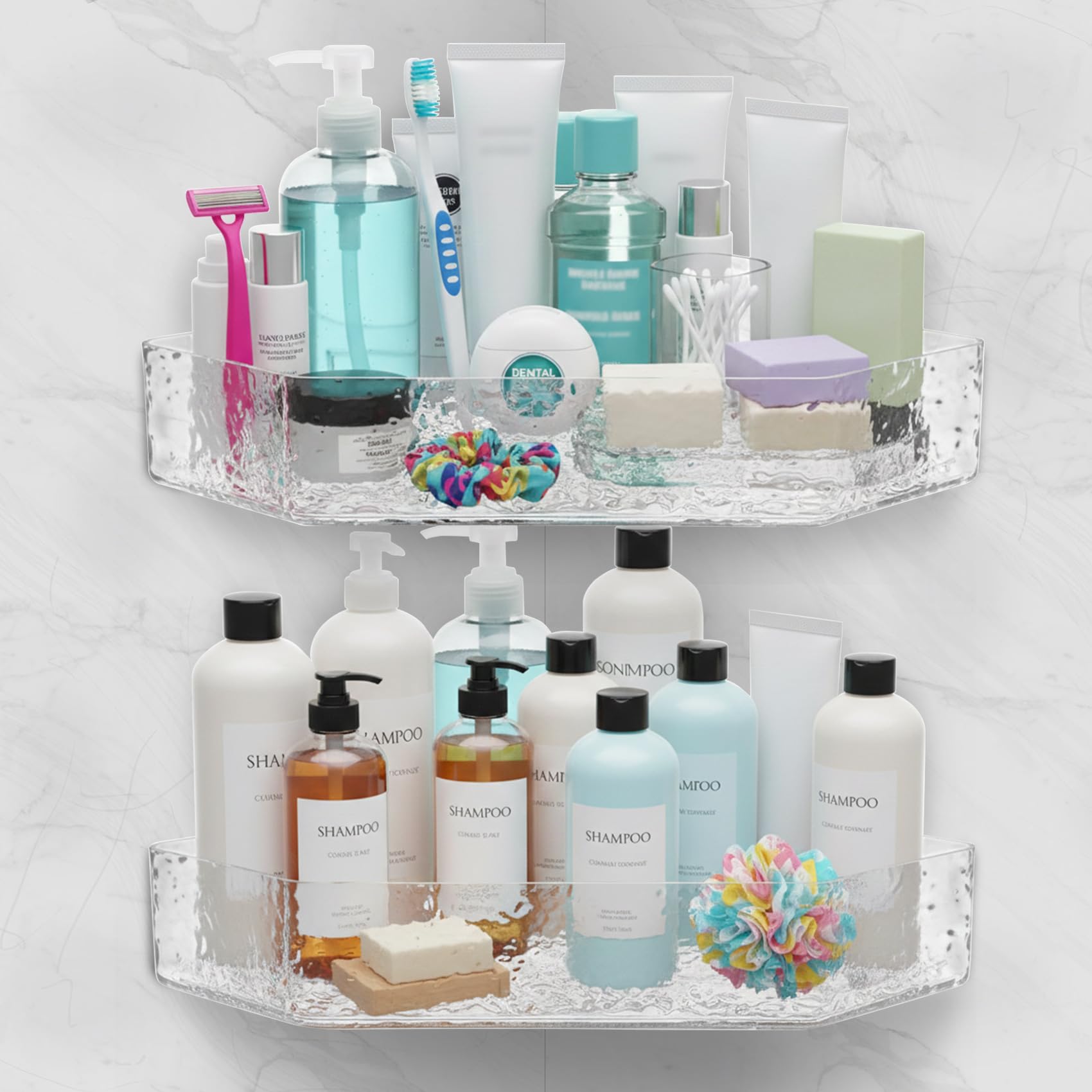 Tsudoku Clear Corner Shower Plastic Triangle Shelf, 2 Shelves