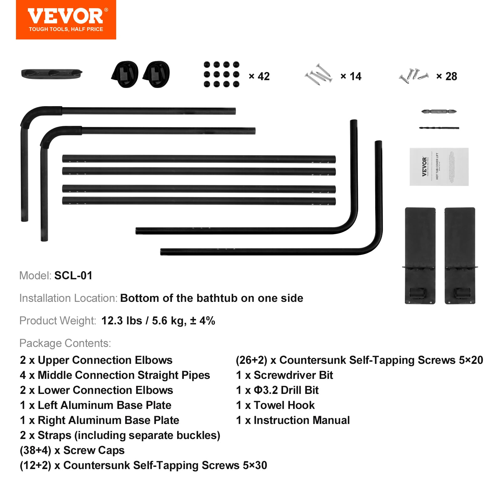 VEVOR Lève-Couverture pour Jacuzzi Spa Baignoire Balnéo, Hauteur Ajustable 80-105 cm et Largeur 135-235 cm, Installé en Bas d'un Côté, Adapté à Différentes Tailles de Baignoires Rectangulaires, Bain