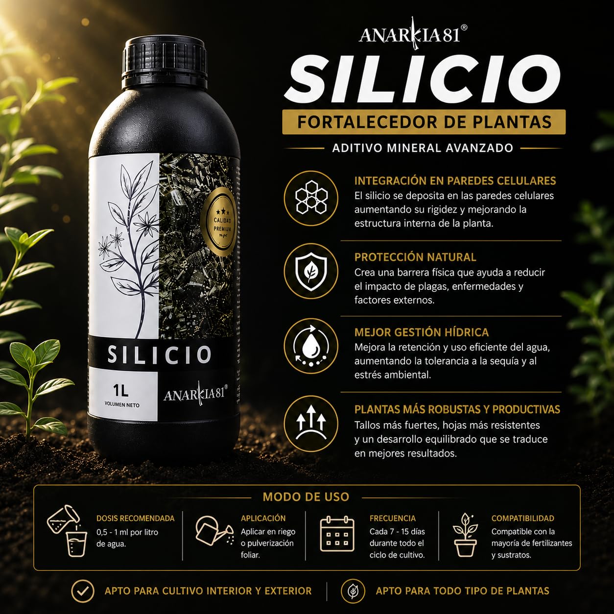 SILICIO 500 ml – Fortalecedor de Plantas con Silicio Aditivo Mineral para Tallos Fuertes Resistencia al Calor y Estrés Cultivo Interior y Exterior - Anarkia81
