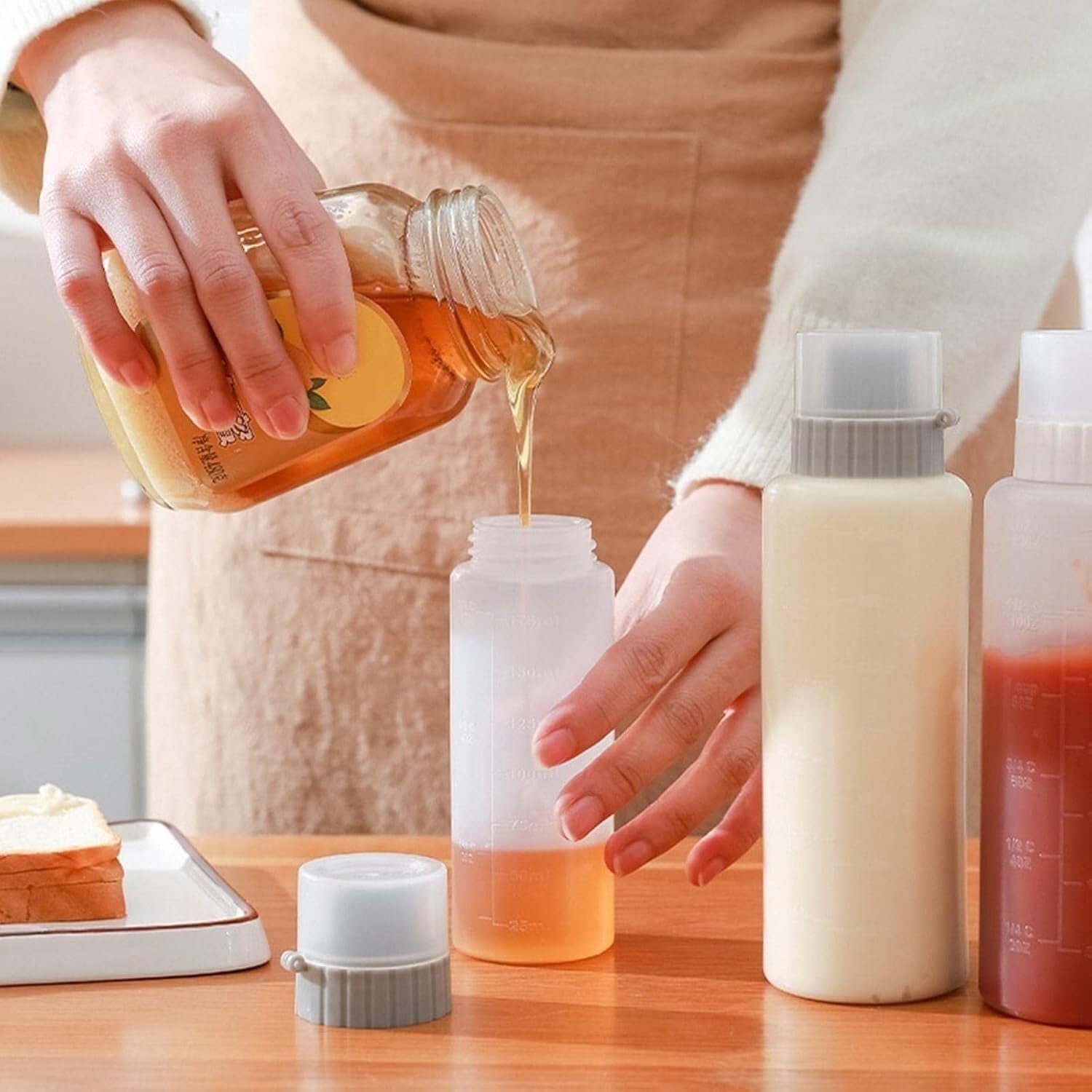 Quetschflasche Squeeze Flasche 5-teiliges Set Aus Gewürz-Quetschflaschen Mit Skala, Ketchup-Flasche, Ölflasche, Soße, Kunststoffbehälter, Küchenutensilien Saucenflasche(G,175ml)