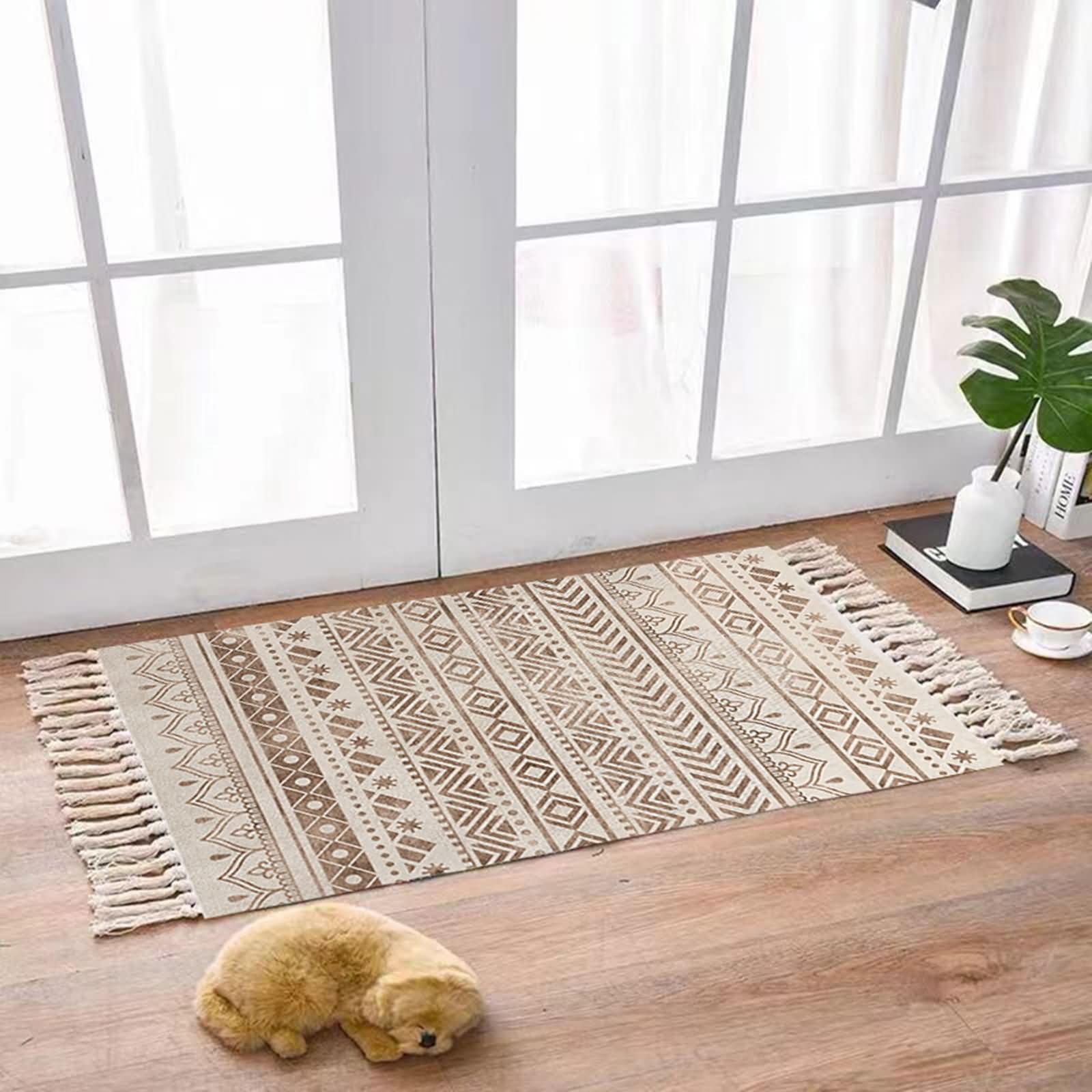 Tapis Rond 90 x 180 cm en Lin Coton pour Extérieur, Motif Géométrique avec Glands, Tapis Brun Moderne
