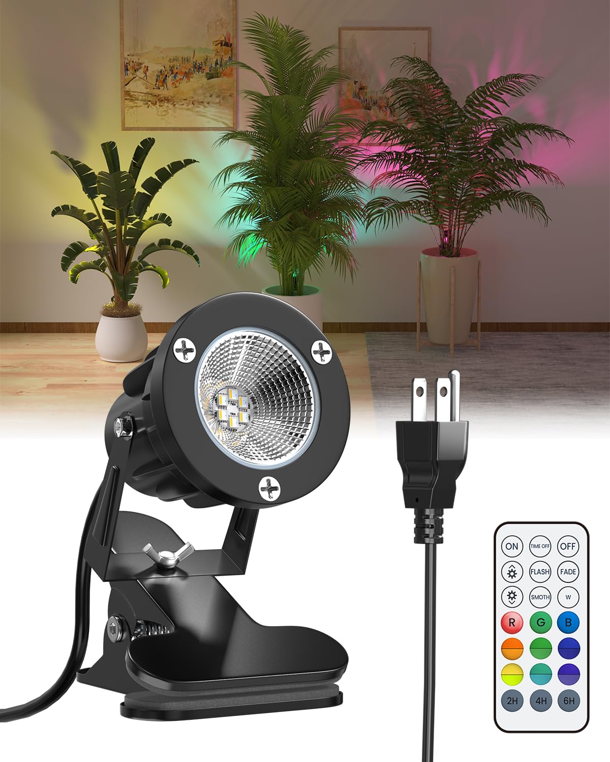 TobeBright 6W RGB LED Spot Light Clip On with Remote Control, Plug in Spotlight Indoor and Outdoor IP65 Water Resistant with 1.78m Cord, 15 RGB Colors