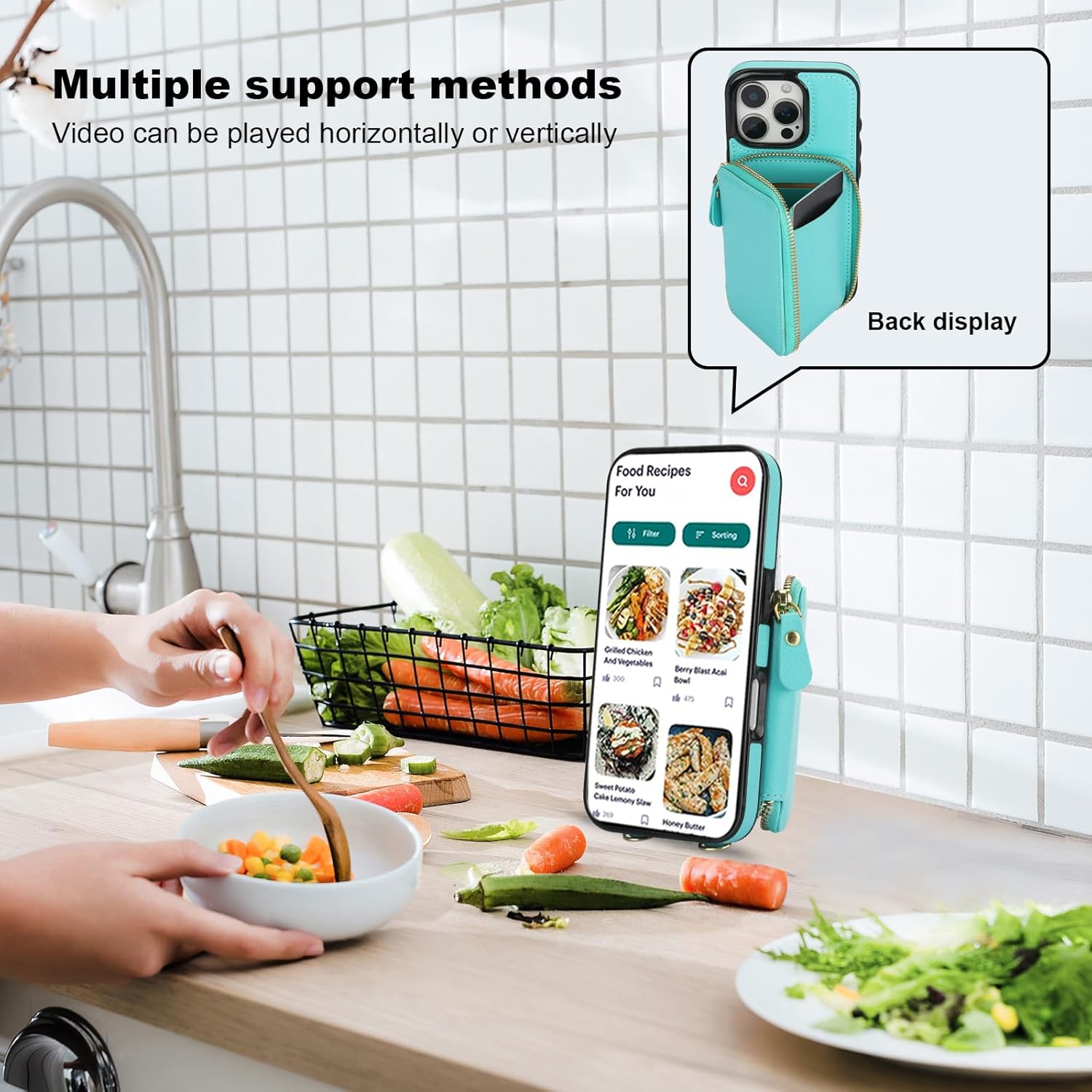 Bocasal RFID Blocking Wallet Case for iPhone 16 Pro, Adjustable Crossbody Zipper Purse Case Card Holder with Kickstand Detachable Wrist Strap, PU Leather Flip Folio Case 6.3 Inch 5G (Mint Green)