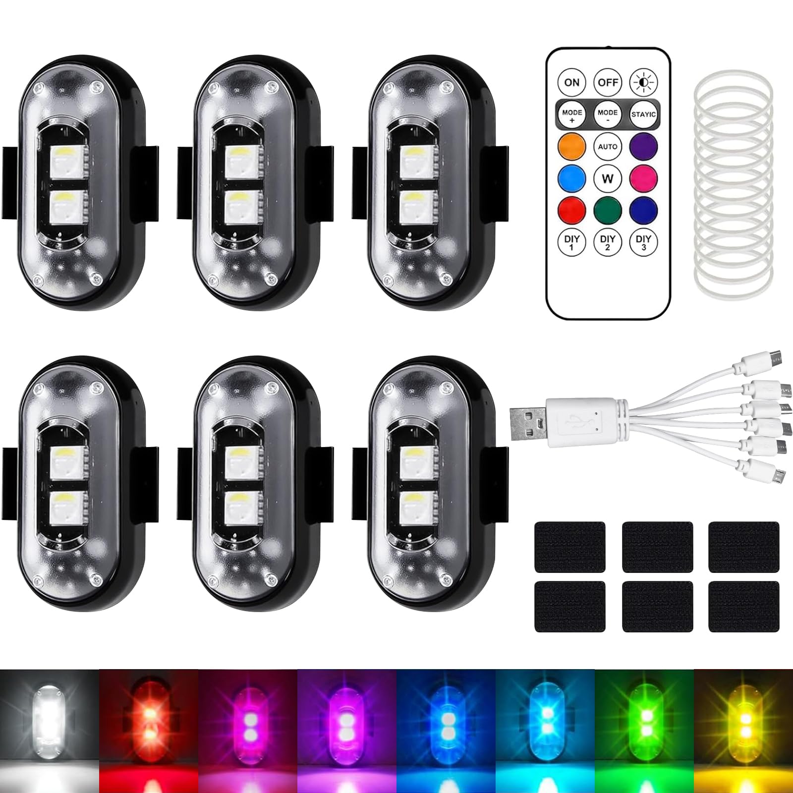 6 Pezzi Luci a LED Senza Fili, Luci anticollisione per Auto Impermeabili a 8 Colori con Telecomando, Lucis Lampeggianti Ricaricabili USB Per Auto, Drone, Camion, Moto