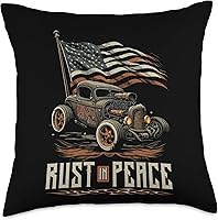 Vista 1 de Rat Rod & Hot Rodder Gift for Rust Bucket Car Fans Hot Rusty Car Rust in Peace, almohada patriótica vintage para barra de rata, 18 x 18 pulgadas