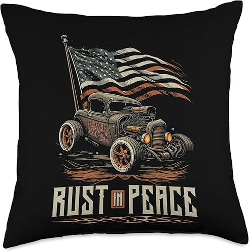 Rat Rod & Hot Rodder Gift for Rust Bucket Car Fans Hot Rusty Car Rust in Peace, almohada patriótica vintage para barra de rata, 18 x 18 pulgadas,