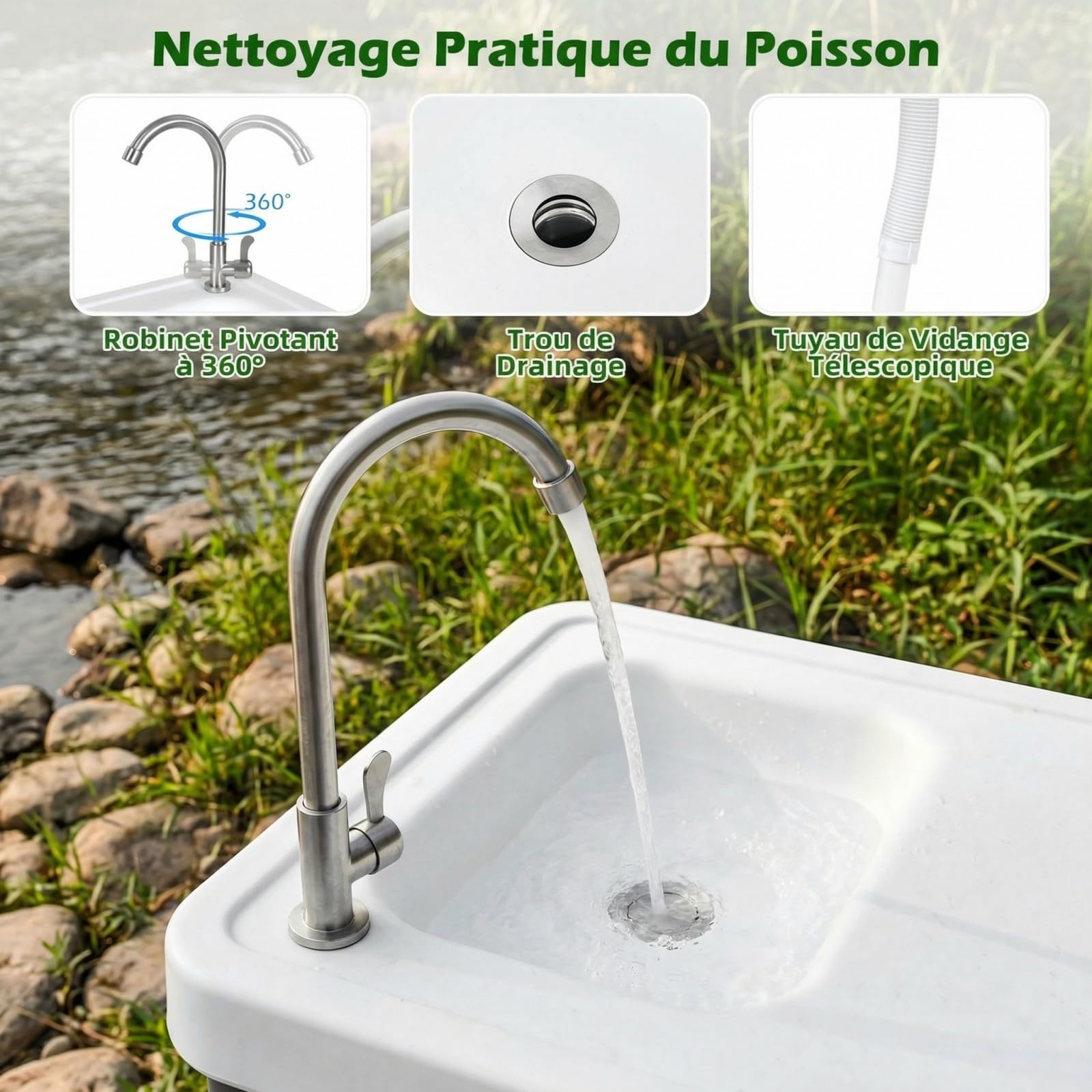 COSTWAY Table de Pêche Pliante avec Évier et Structure Métallique