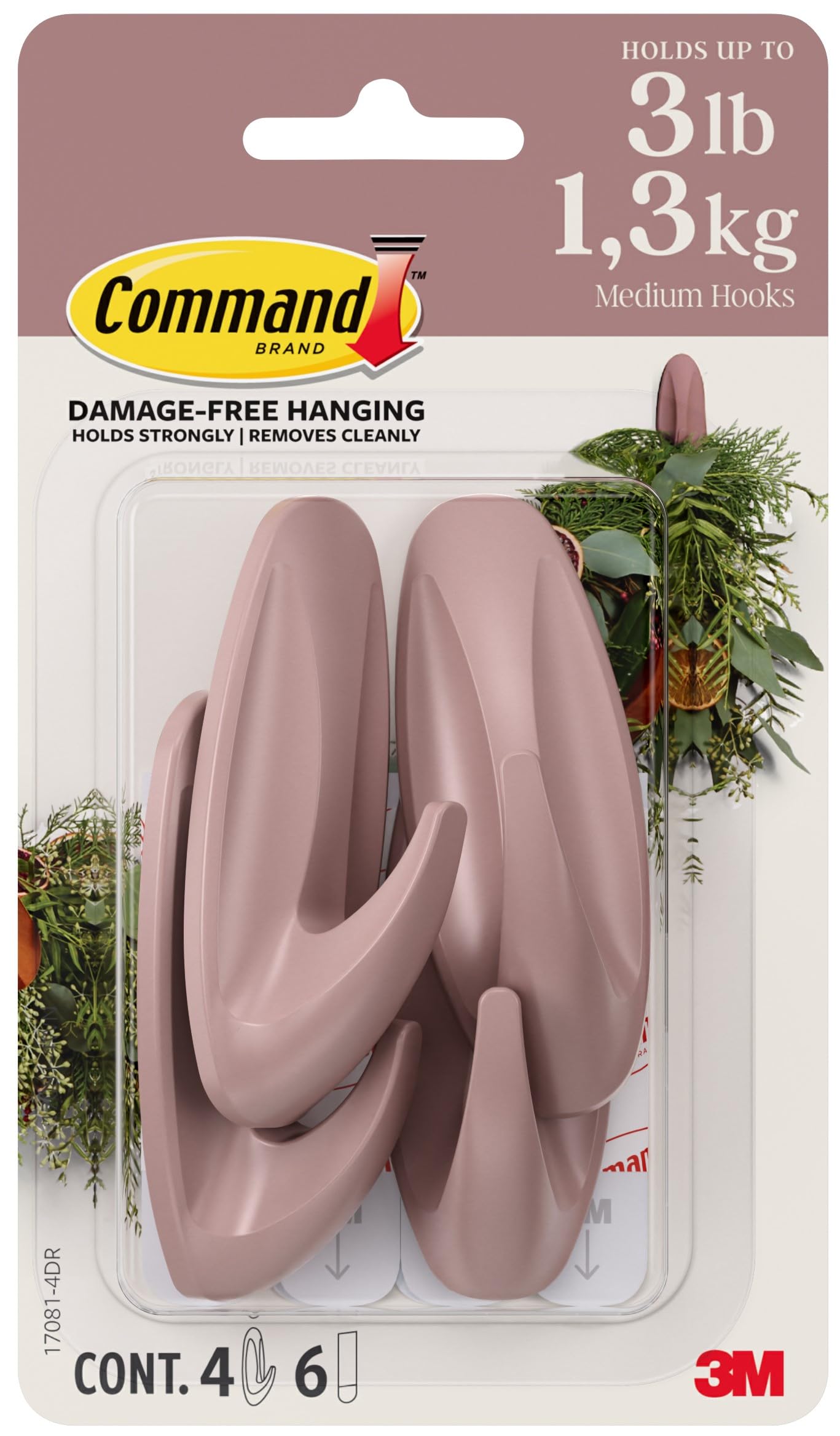 Command Medium Designer Hooks, Dusty Rose, 4 Hooks, 6 Strips, Damage-Free Hanging with Adhesive, No Tools Great for Hanging Home Decor, Holds up to 1.3kg