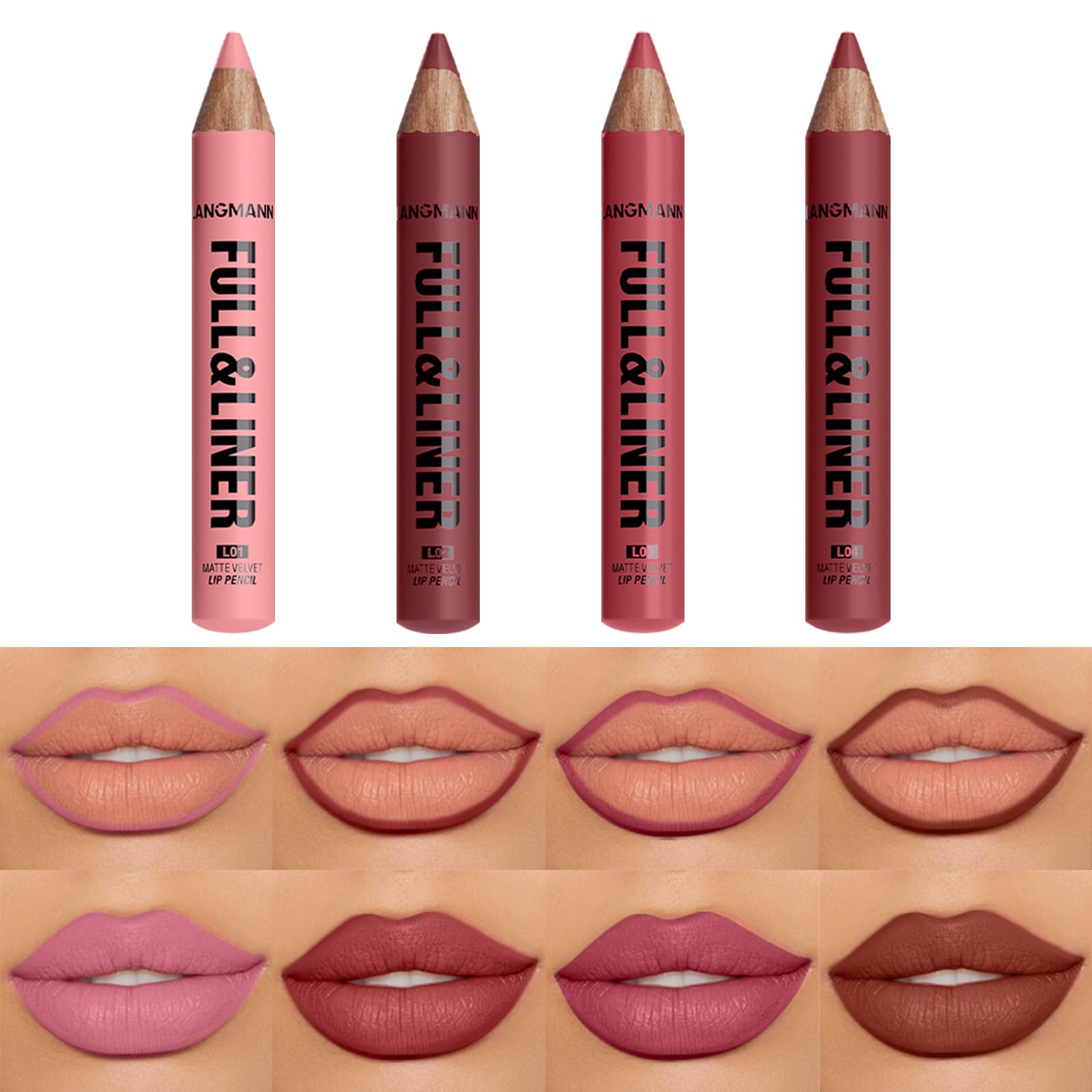 LANGMANNI 4Pcs Matte Velvet Lip Liner Pencil Set - Highly Pigmented,Smudge-Resistant Lip Pencils for Shaping & Contouring,Vegan & Cruelty-Free(#1+2+3+4) 4 Colors-#1+2+3+4 1 Count (Pack of 4)