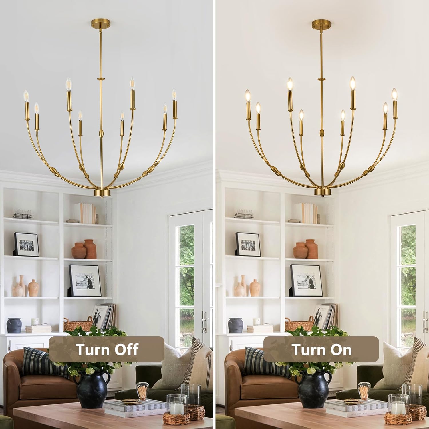 8-Light Candle Chandeliers, 35 Inch Brushed Gold Dining Room Light Fixture, Modern High Ceiling Chandeliers for Living Room, Entryway, Foyer
