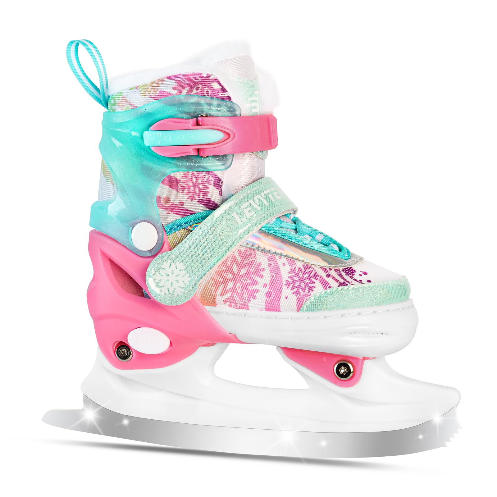 Patines de hielo ajustables para niños y niñas, forro polar cálido, 4 tamaños ajustables para principiantes, cuchillas de copo de nieve, soporte de tobillo, patines artísticos para exteriores