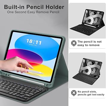 KVAGO for iPad(A16) 11th /10th Generation Case with Keyboard, Smart Stand Folio Detachable Bluetooth Keyboard Cover with Pencil Holder for iPad A16 11 inch 2025 /10th Gen 10.9 Inch 2022, Dark Green