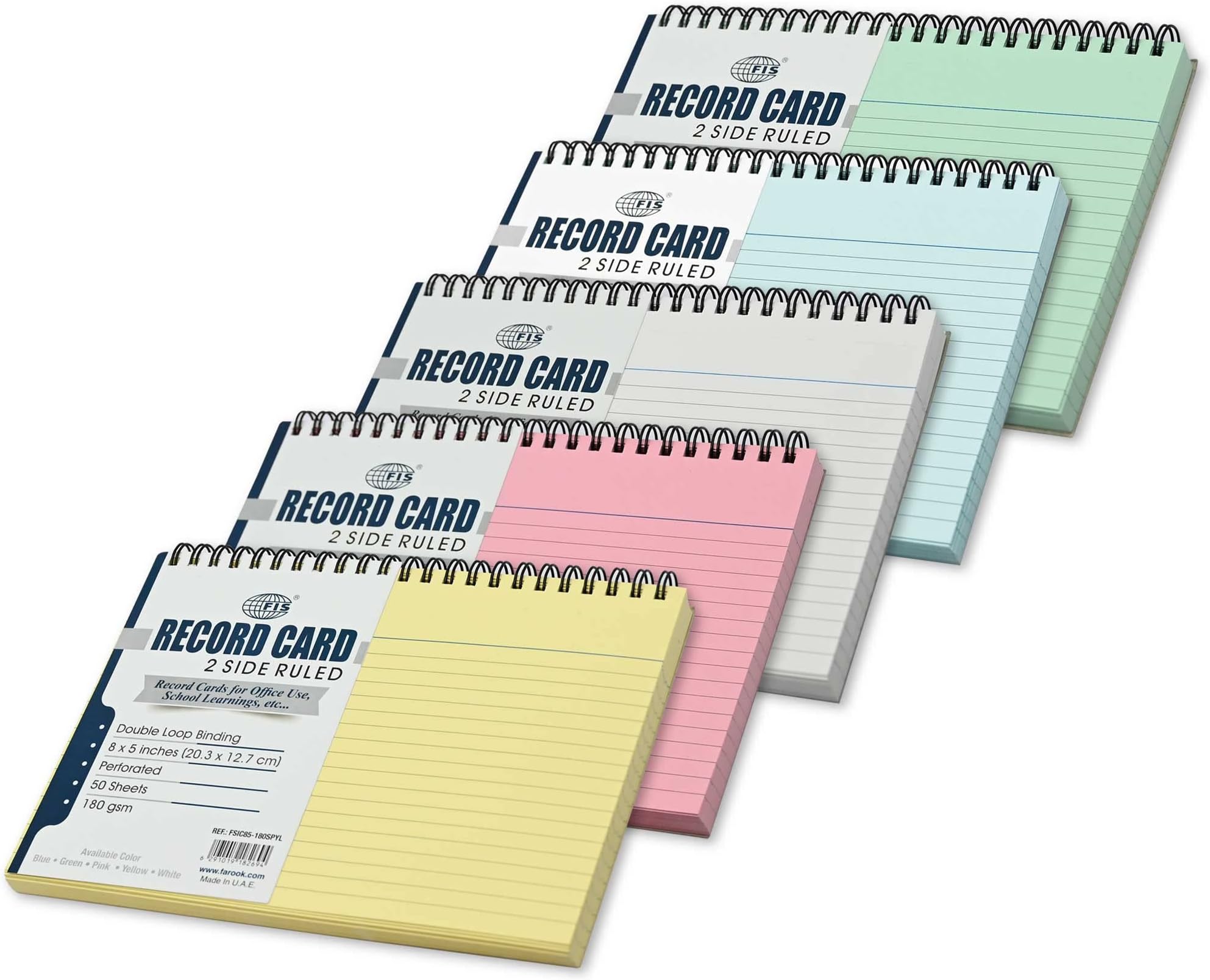 Ruled Record Cards Size:8"x5" Inches (203x127mm), Double Loop Spiral Binding, Two Sides Single Ruled, 180gsm, 50 Sheets Per Pad, 1 Pad, Packet of 5 Pieces, Assorted Colors-FSIC85-180SP5C