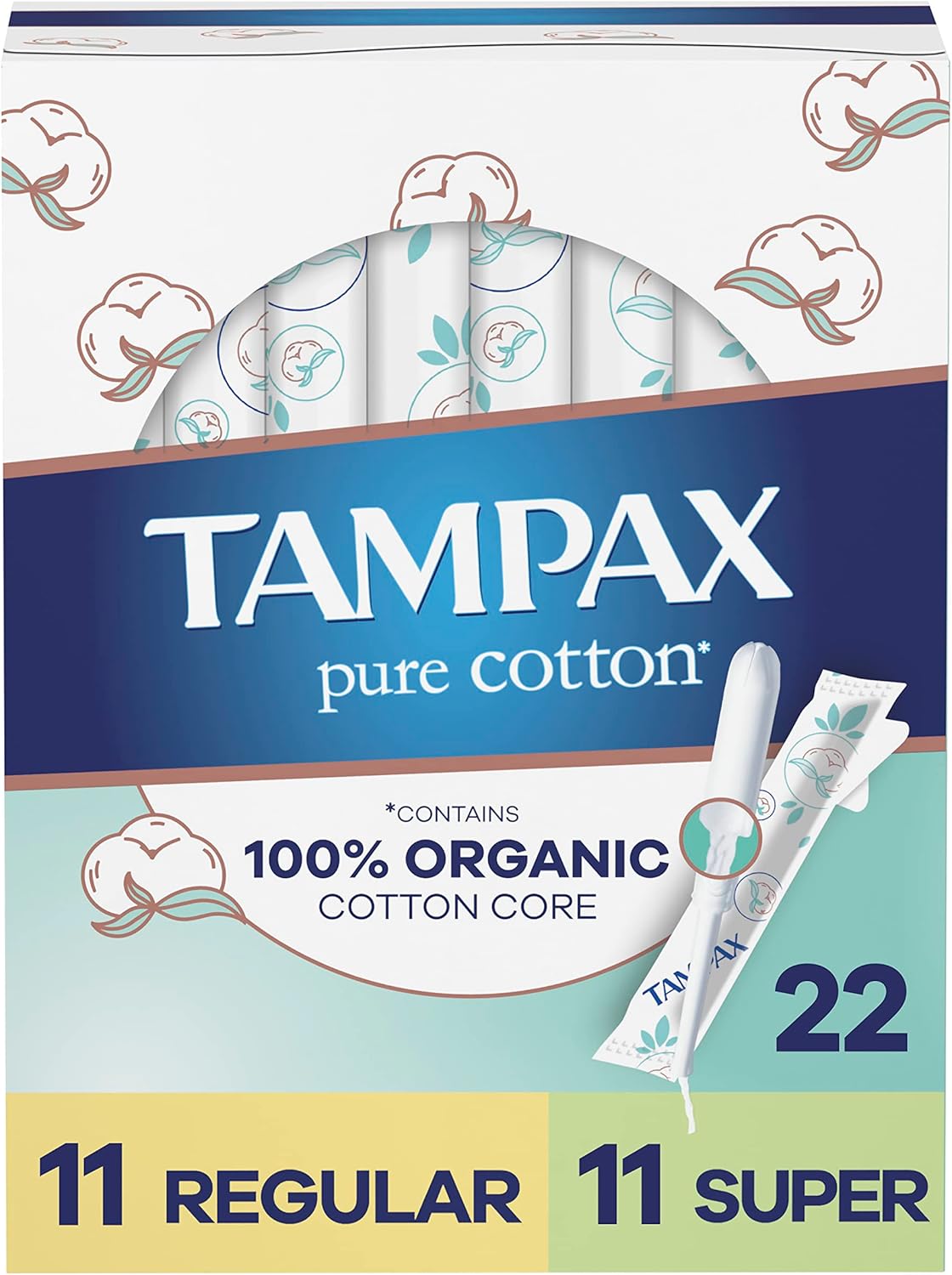 Tampax Pure Cotton Tampons, Contains 100 Organic Cotton Core, Regular