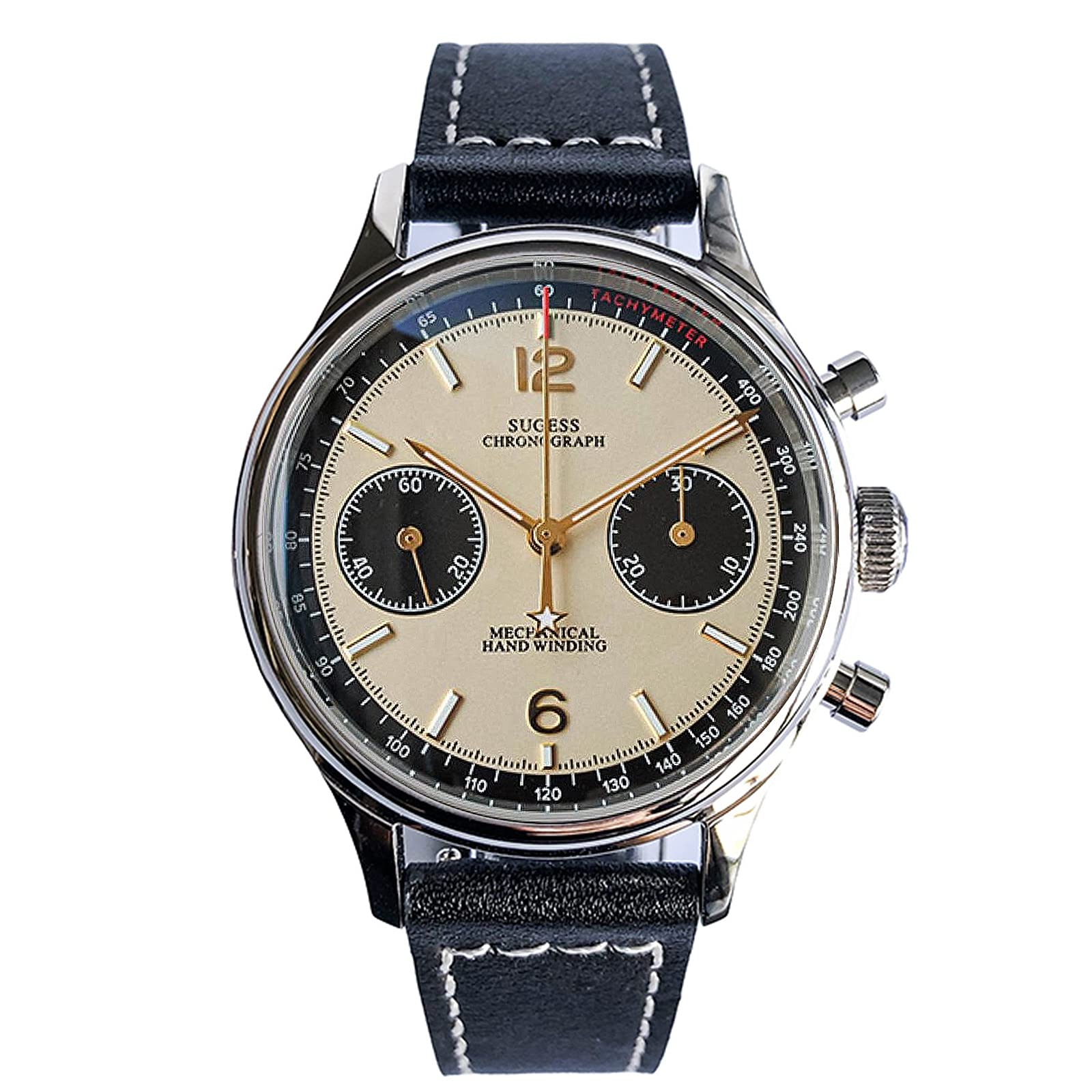 SugessChronograph Men's Watches Seagull 1963 Mechanical Movement Panda Casual Classic Stainless Steel Wrist Watches Waterproof Luminous Watches with Leather Strap for Men Gifts