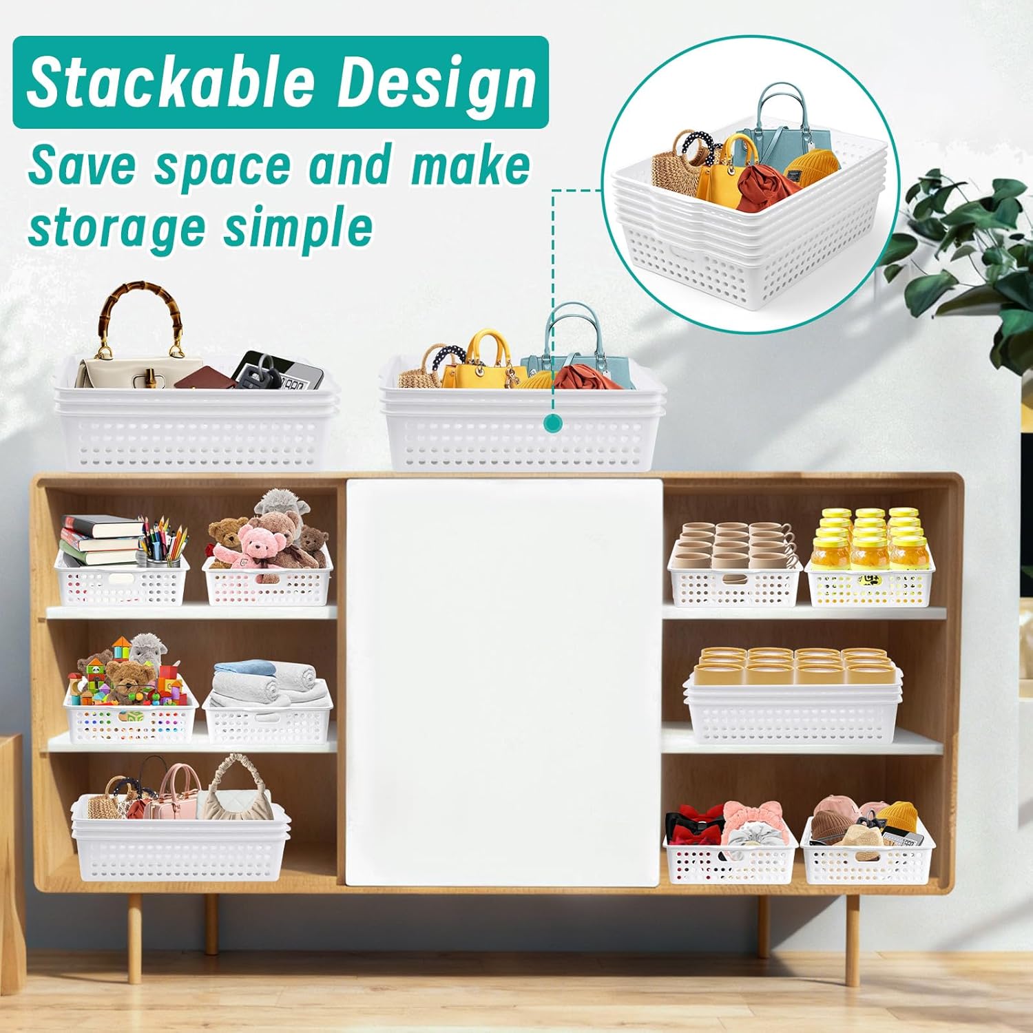 12 Pcs Plastic Storage Baskets Bulk 14 x 10 In Stackable Storage Bin with Handles A4 Size Desktop File Letter Organizer Tray Multi-purpose Container for Shelve Desktop Classroom Office Home Playroom