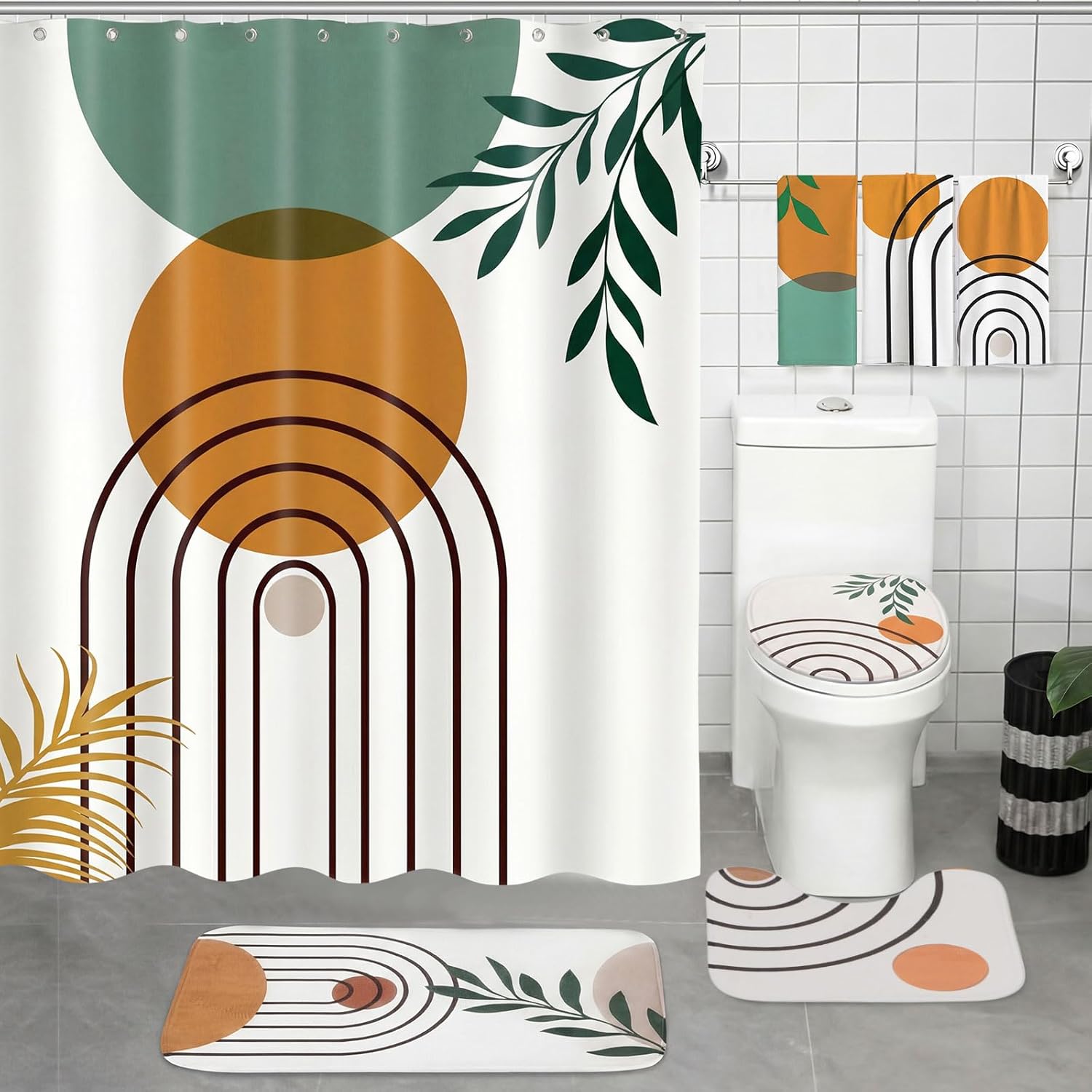 Haull 7 Pcs Boho Abstract Shower Curtain Bathroom Set Modern Botanical Non Slip Rug Toilet Lid Cover Bath Mat Towels Decor with 12 Hooks Waterproof Shower Curtain for Neutral Earth Tone Bathroom Decor