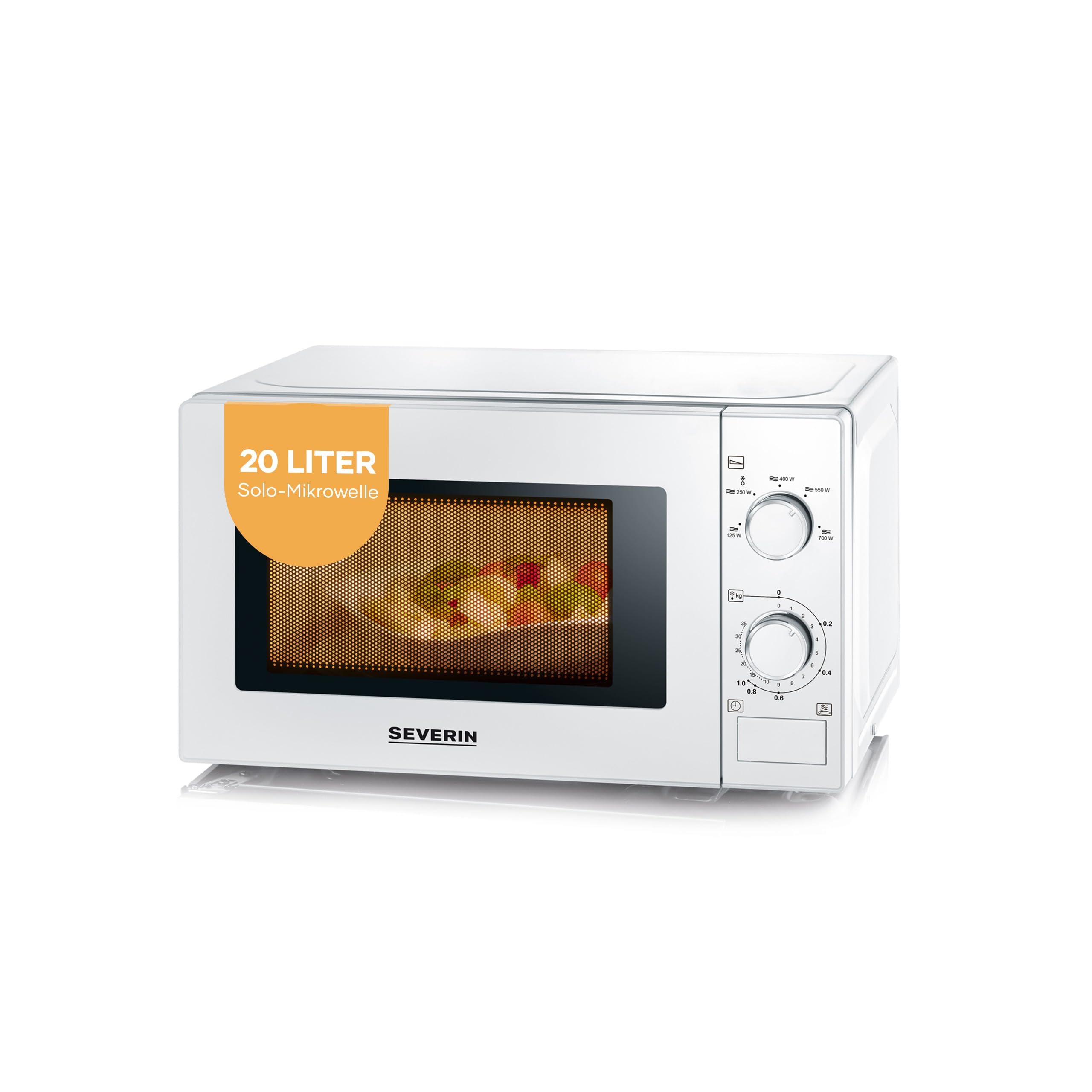SEVERIN Solo-Mikrowelle, zum Auftauen und Erhitzen, Mikrowellengerät mit Drehteller für gleichmäßige Wärmeverteilung, 20L, weiß/chrom, MW 7770