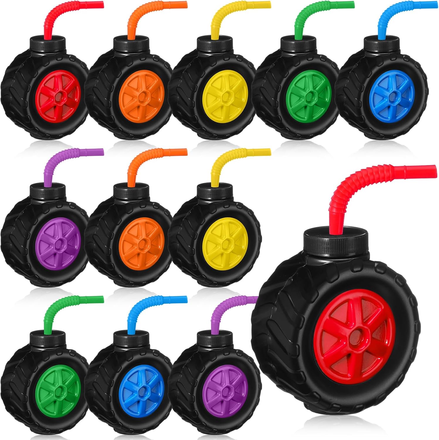 Mifoci 12 Pack Monster Truck Cups for Kids Party 17 Oz Plastic Tire Shaped Cups Construction Monster Truck Birthday Decorations for Tractor Theme Wheel Themed Birthday Party Supplies