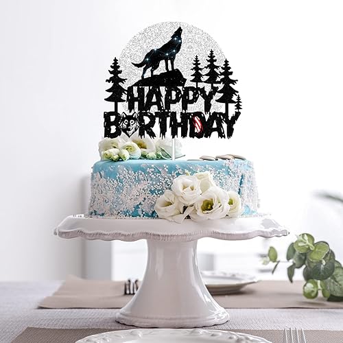 Miniatura 6 de Decoración para tarta de cumpleaños con diseño de lobo y diseño de lobo con purpurina de luna llena, decoración de fiesta de animales salvajes de la