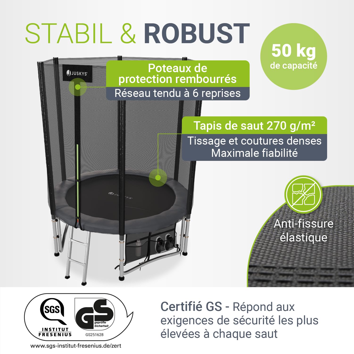 Juskys Trampoline JumpMaster – Trampoline de Jardin extérieur avec Filet de sécurité, échelle et ancrages au Sol, Protection de Bord rembourrée
