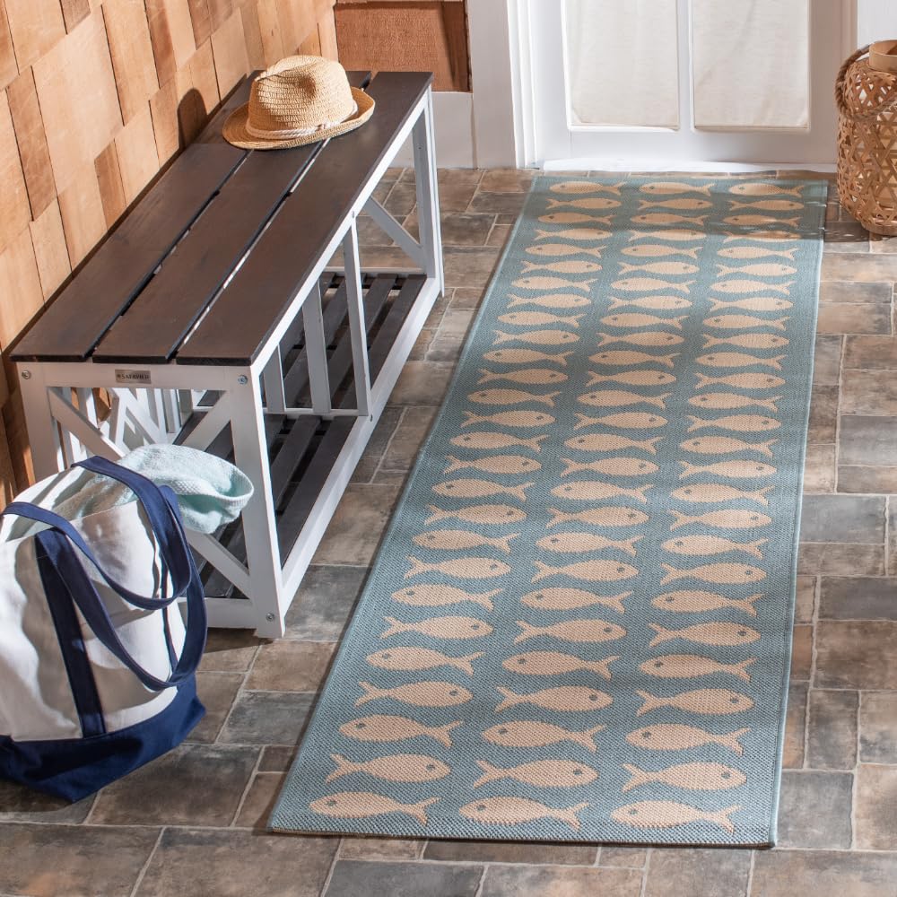 SAFAVIEH Washable Rug Outdoor Courtyard Collection - 2'3" x 6'7" Runner, Aqua Blue & Beige, Non-Shedding & Easy Cleaning, Ideal for Patio, Entryway,
