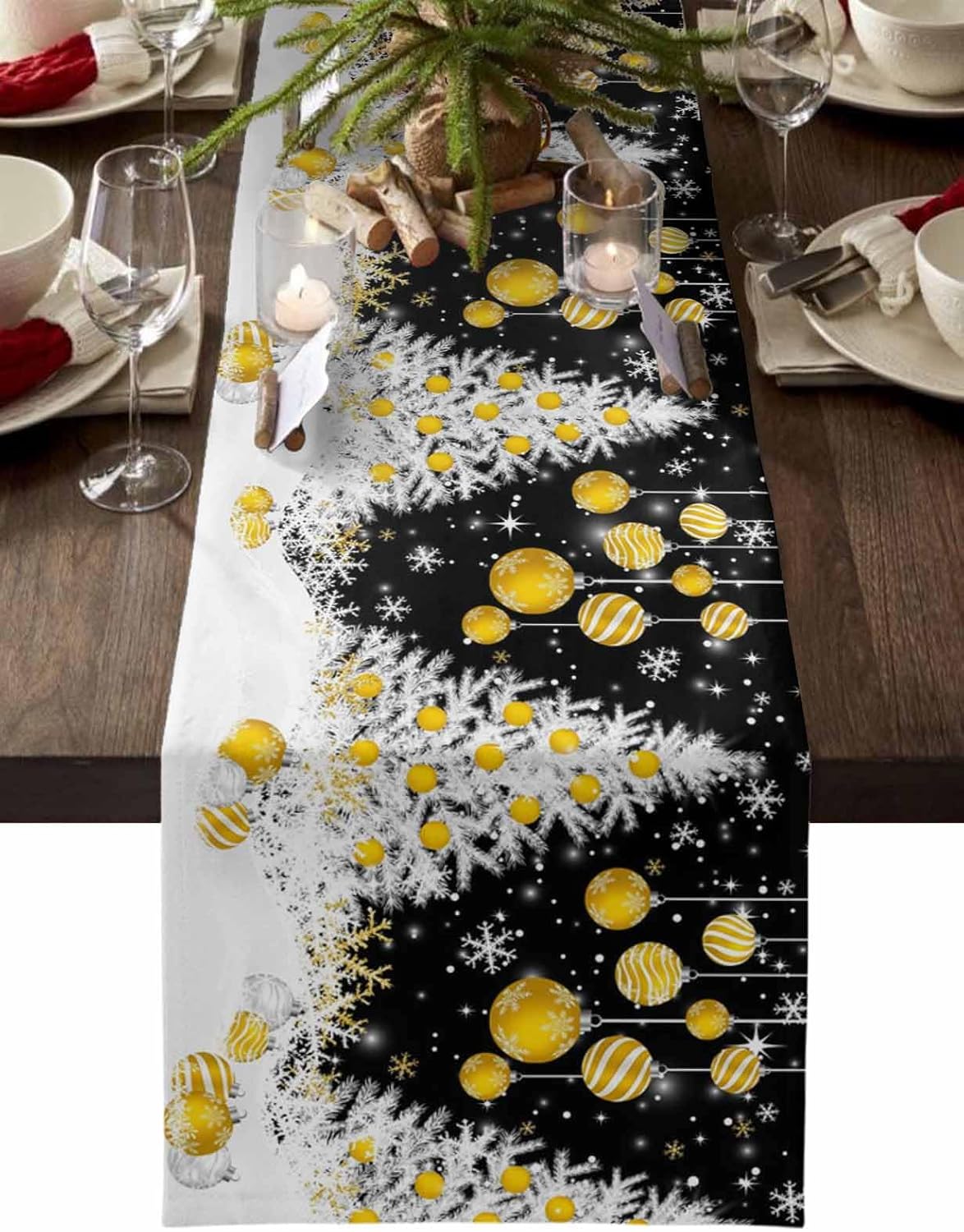 Black Yellow Christmas Table Runner 72 Inches Long for Kitchen Dining, Xmas Tree Snowflake Winter Dresser Scarf Farmhouse, Dining Table Decorations for Wedding/Parties, 16 x 72 in