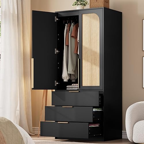 GarveeHome Armoire Wardrobe Closet, 69.5" Wooden Wardrobe Cabinet with 3 Drawers, Hanging Rod, 2 Doors Clothing Storage Cabinet for Bedroom, Large Capacity Storage, Rattan Door, Black
