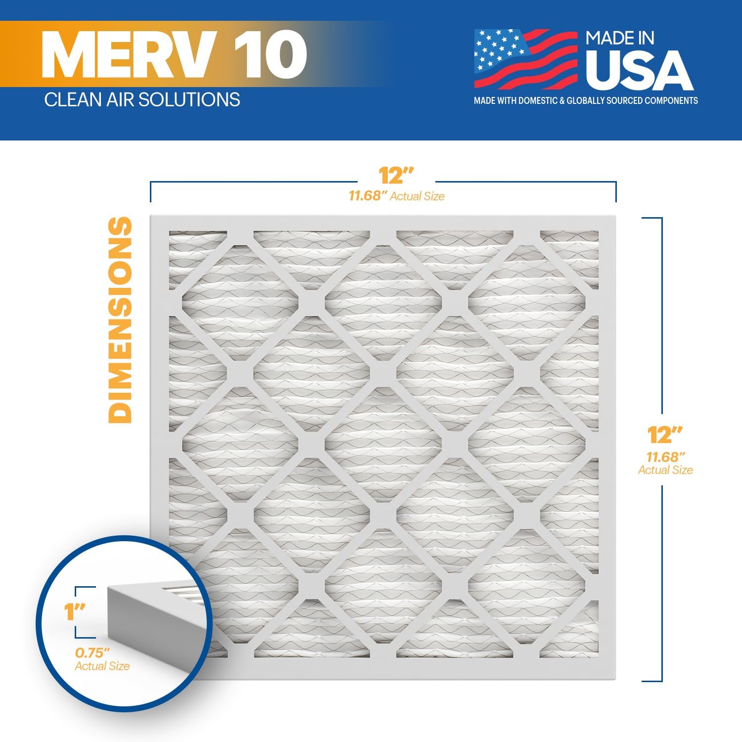 bnx trufilter 12x12x1 merv 10 (2-pack) ac furnace air filter - made in usa - pleated air conditioner hvac ac furnace filters - removes odor, mold, bacteria, smoke merv 10 12x12x1 2-pack