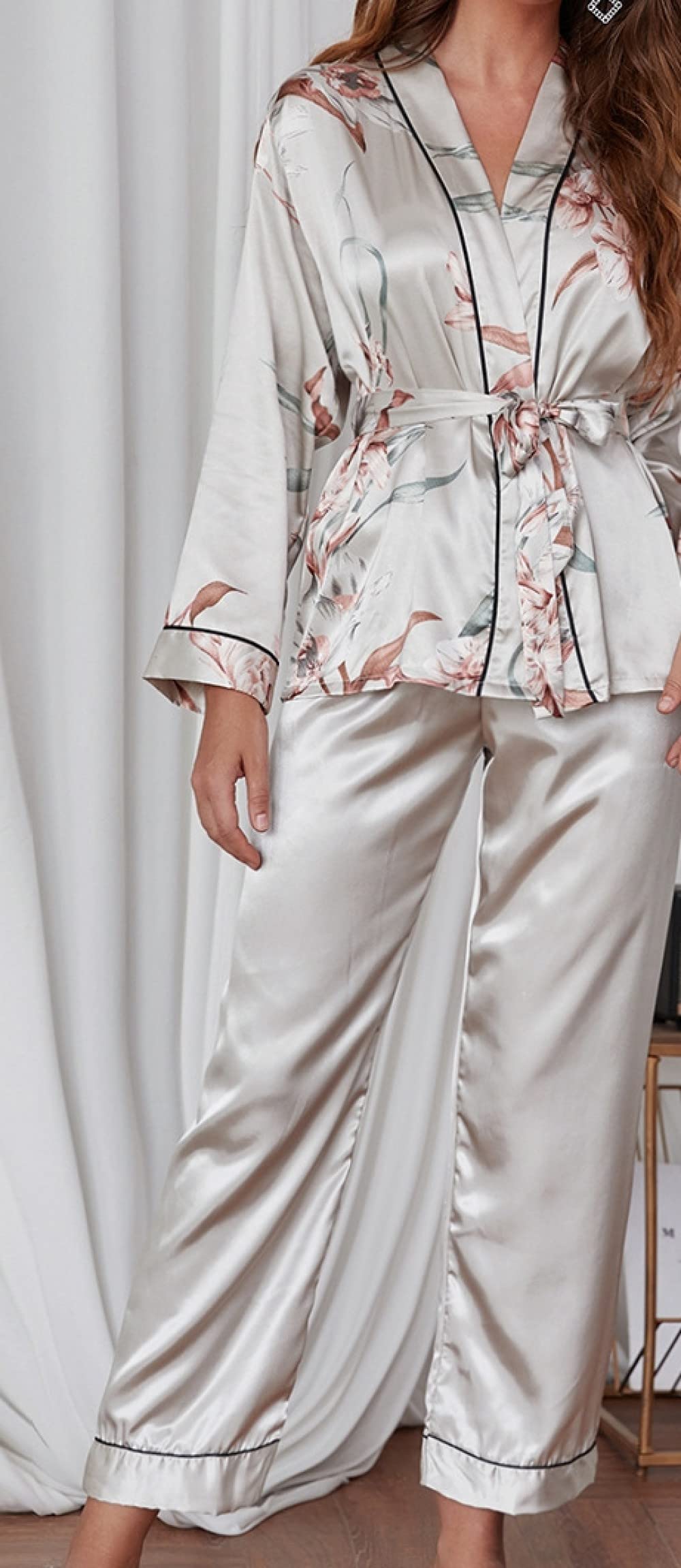 Pijamas Para Mujer Top Floral Gris Pantalones De Color Sólido Conjunto De Pijama De Poliéster Para Mujer Conjunto De Pijama De Manga Larga Cómodo Para Mujer Conjunto De Dos Piezas Regalo De Festi