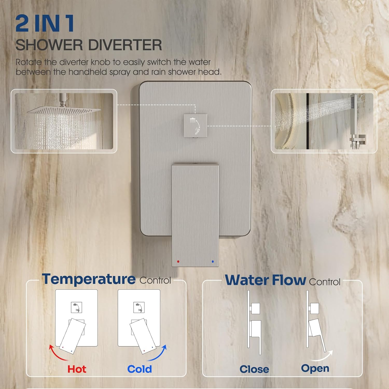 Ceiling Mount Shower Faucet Set, Shower System with 10-Inch Rain Showerhead and Handheld Spray Combo, High-Pressure Showerheads Set with Valve and Trim Kit, Brushed Nickel