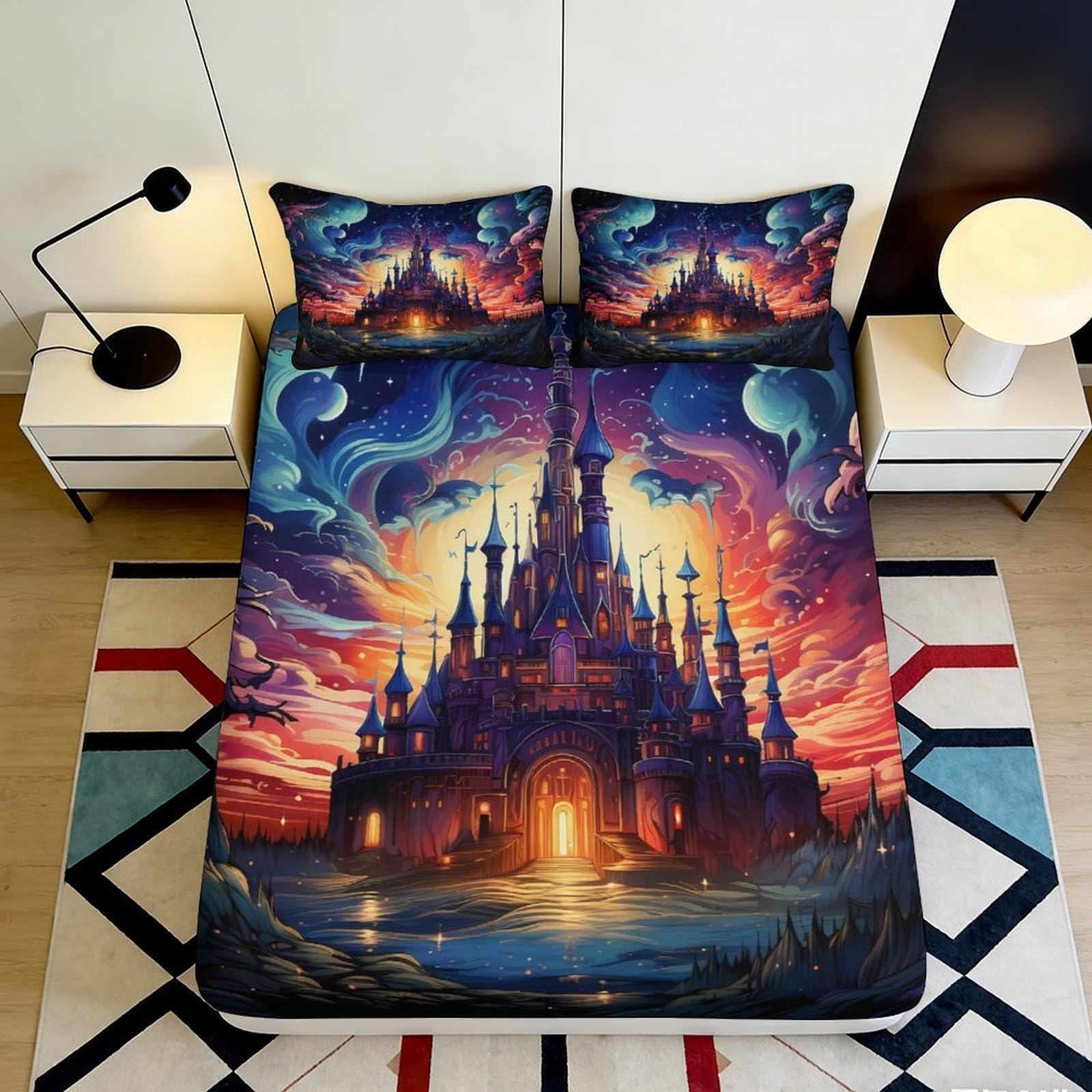 3D Printed Fantasy Castle Fitted Sheet Microfiber Anti-Slip Mattress Cover for Bedroom Dorm Bed Decor Easy Care 90x200x25cm