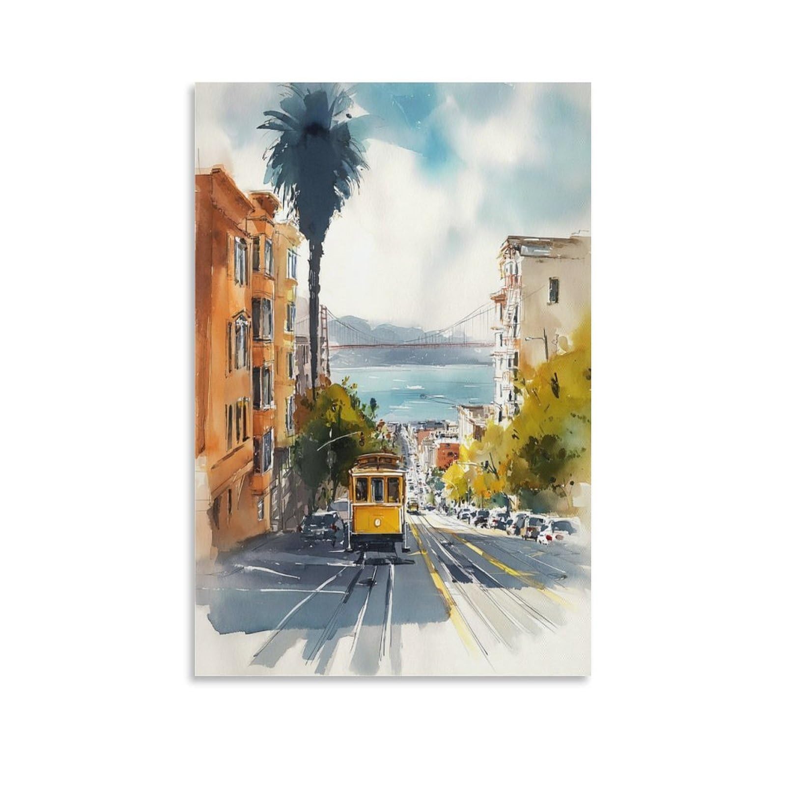 XWYMXZ Golden Gate Bridge Watercolor Painting San Francisco Travel Poster 20x30inch(50x75cm) Vintage Watercolor Canvas Art