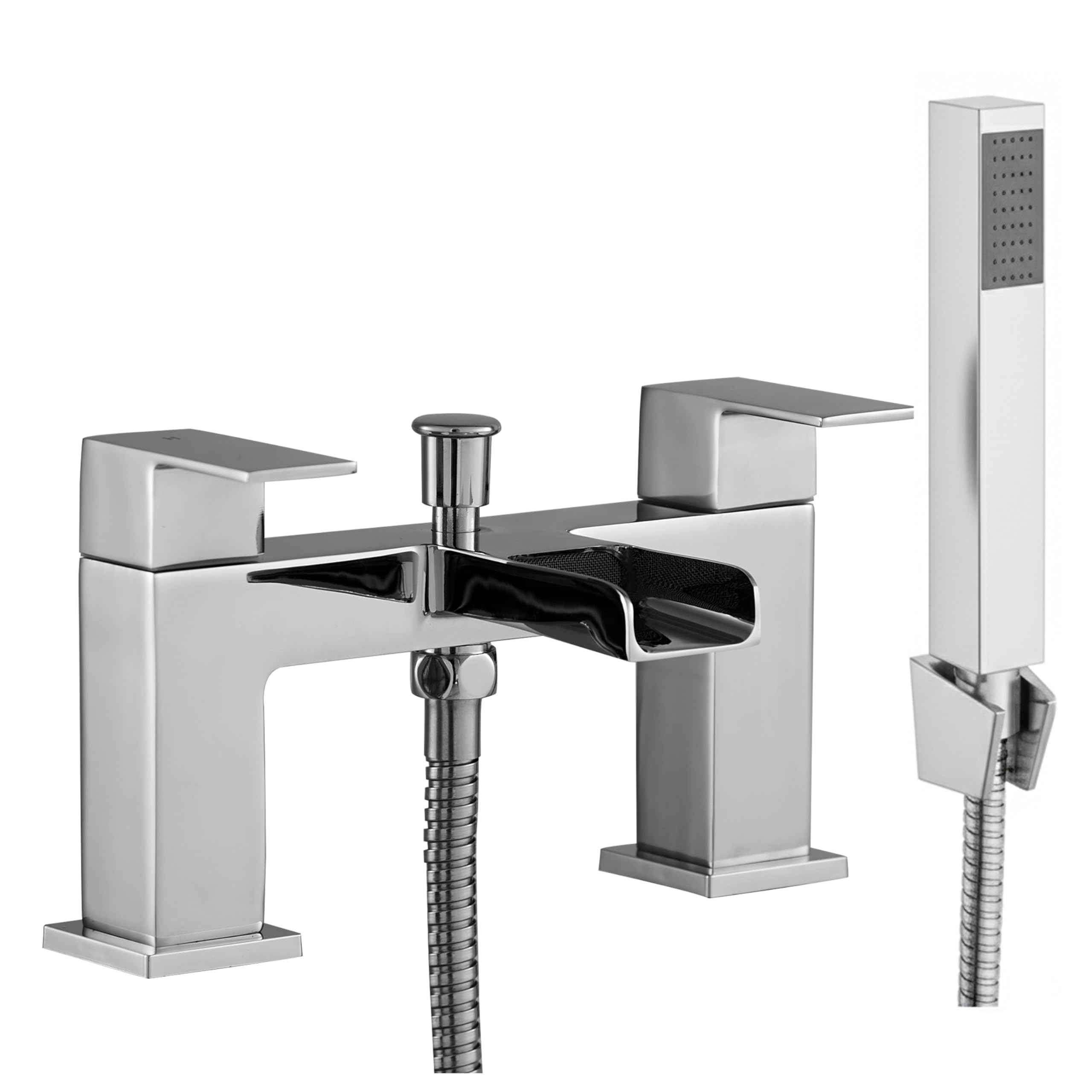Evolve Chrome Niagara Square Bath Shower Mixer Tap With Handset – & Matt Black, Deck Mounted Waterfall Bath Filler, Dual Lever, Modern Bathroom Tap With Diverter, Brass Construction (Chrome)