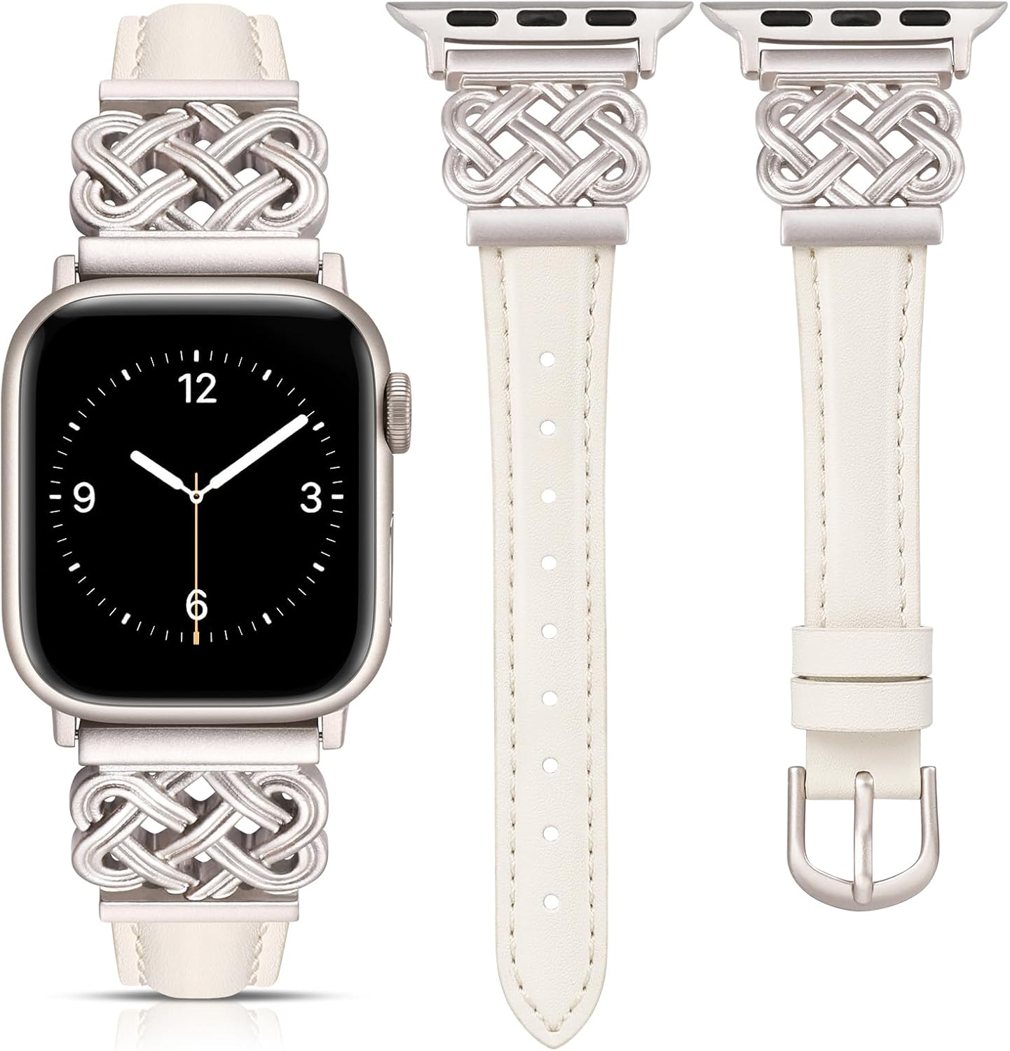TOYOUTHS Compatible with Apple Watch Bands Women 38/40/41/42mm Dressy Slim Thin Leather Strap with Celtic Knot Interlock Buckle Bracelet for iWatch Series 11 10 9 8 7 6 5 4 SE 3 2 1, Beige/Starlight