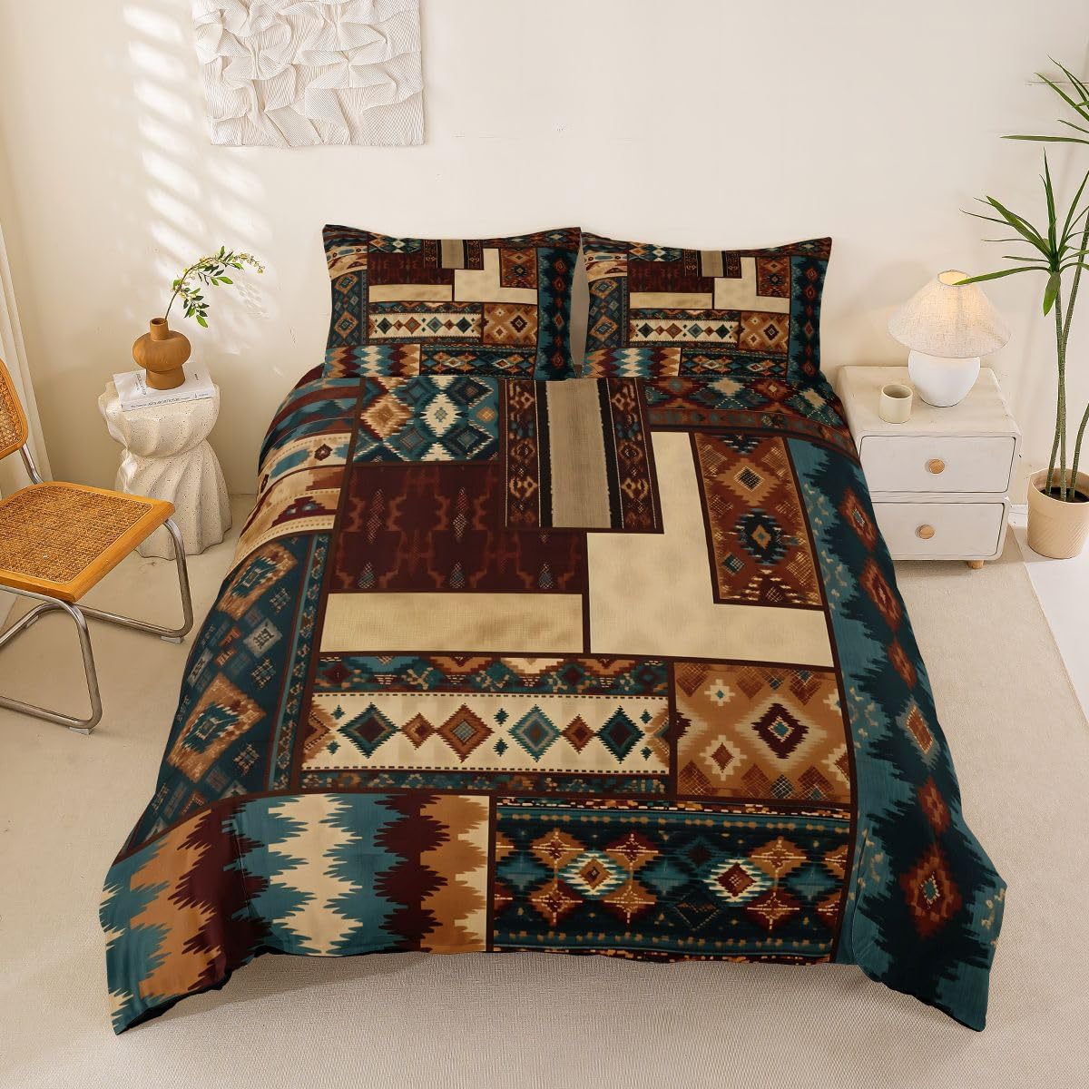 Feelyou Geometric Duvet Cover Full Size Patchwork Bedding Set for Boys Girls Abstract Comforter Cover Bedroom Decor 3Pcs No Comforter Zipper Closure with 2 Pillowcases