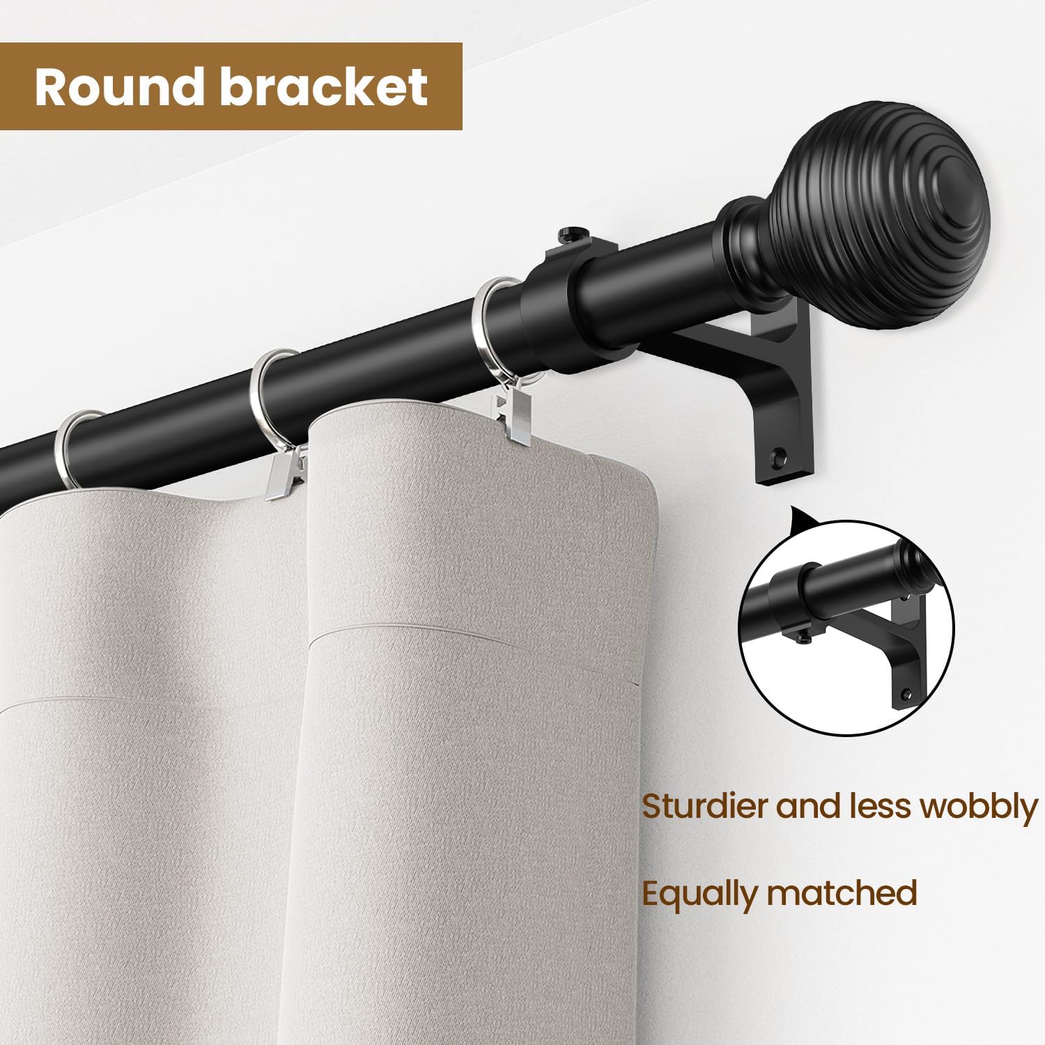 TOPROD Curtain Rods for Windows 32 to 76 Inch, 1 Inch Matte Black Heavy Duty Curtain Pole Adjustable Decorative Drapery Rods with Round Brackets