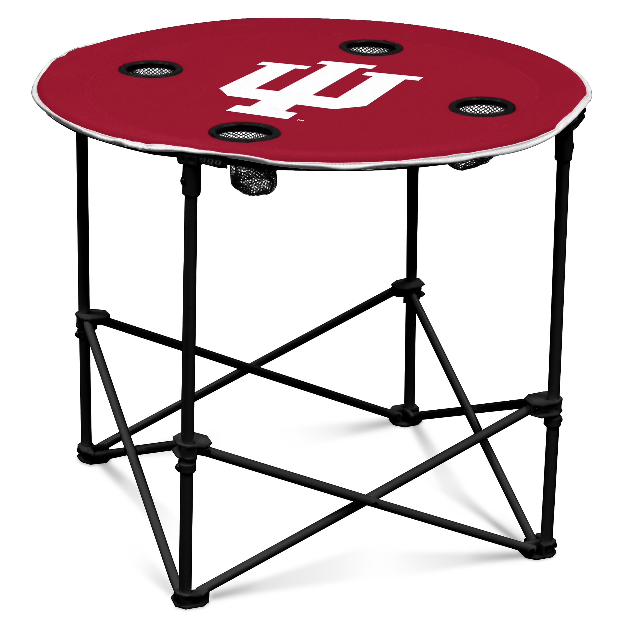 Logo Brands NCAA Indiana Hoosiers Round Tailgating Table – Portable with Foldable Legs, 4 Cup Holders, Powder-Coated Steel, and 27.6" Surface Diameter, Team Color