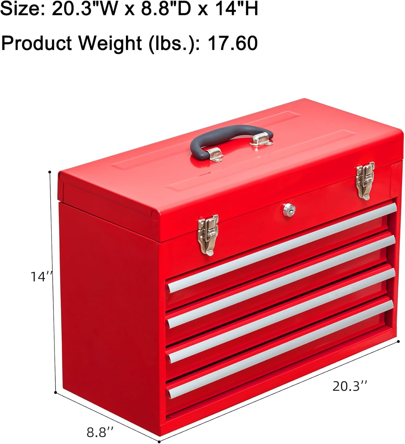 4 Drawers Metal Tool Box Portable Steel Tool Chest with Metal Latch Closure & Key Lock, 20" Portable Drawer Toolbox Storage Tray Toolbox with Handle (4 Drawers - Red)