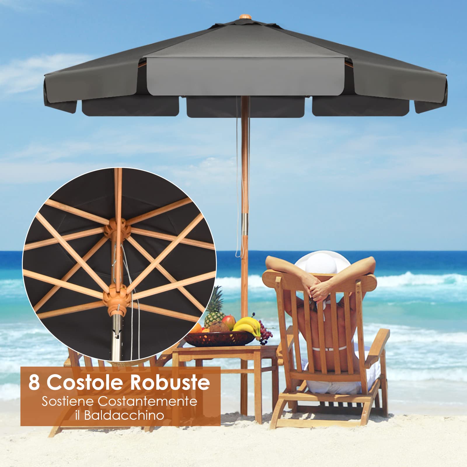 RELAX4LIFE Ombrellone da Giardino 3 x 3 M Rotondo, Ombrellone da Esterno con Tela Impermeabile e Anti-Sole, Struttura in Legno, Altezza e Inclinazione Regolabile (Grigio)