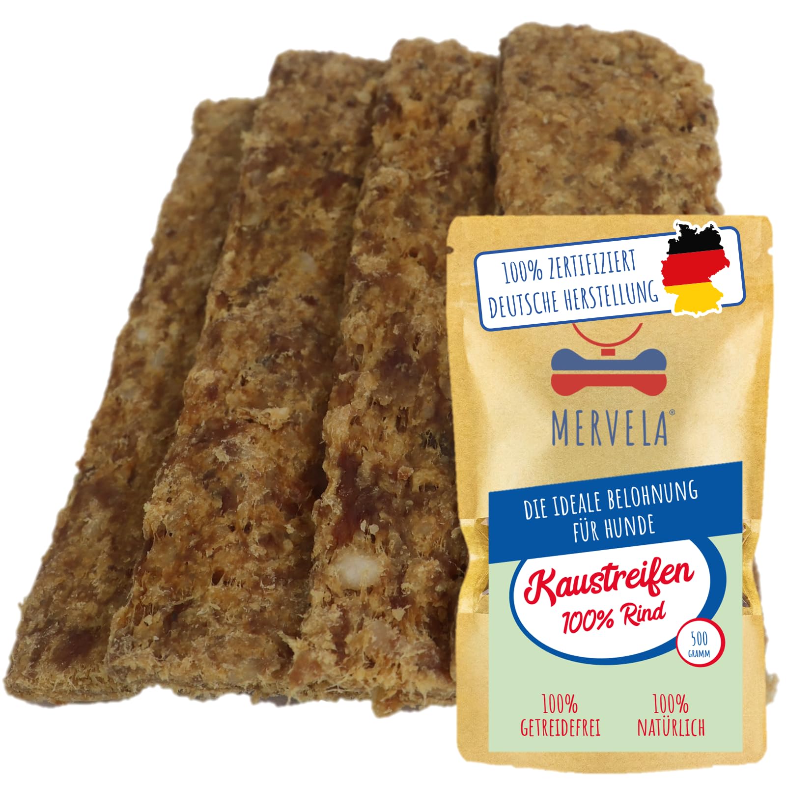 MERVELA® Rind Fleischstreifen | 500 Gramm [Qualität aus Deutschland] für Sensitive Hunde | Belohnung | Trainingssnack | getreidefrei | Hundesnack