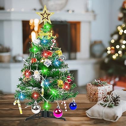 LAZYBEEE Table Top Mini Christmas Tree with LED String Lights, 24'' Artificial Small DIY Desktop Christmas Tree, Tabletop Chrstmas Tree with 30 Ornaments for Holiday Indoor Decoration
