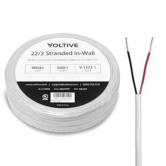 Voltive 22/2 Stranded Alarm Wire - in Wall CL3 Rated - Oxygen-Free Copper (OFC) - 500 Foot Coilpack - White