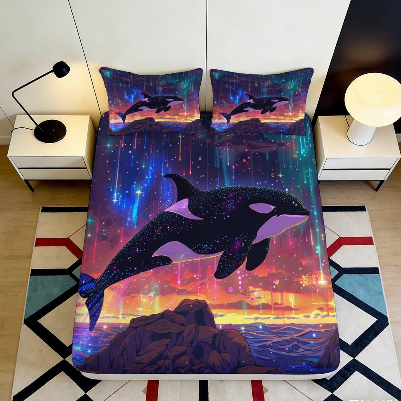 3D Printed Aurora Whale Fitted Sheet Microfiber Soft Bed Cover Ocean Sunset Mattress Cover for Bedroom Decor 90x200x25cm